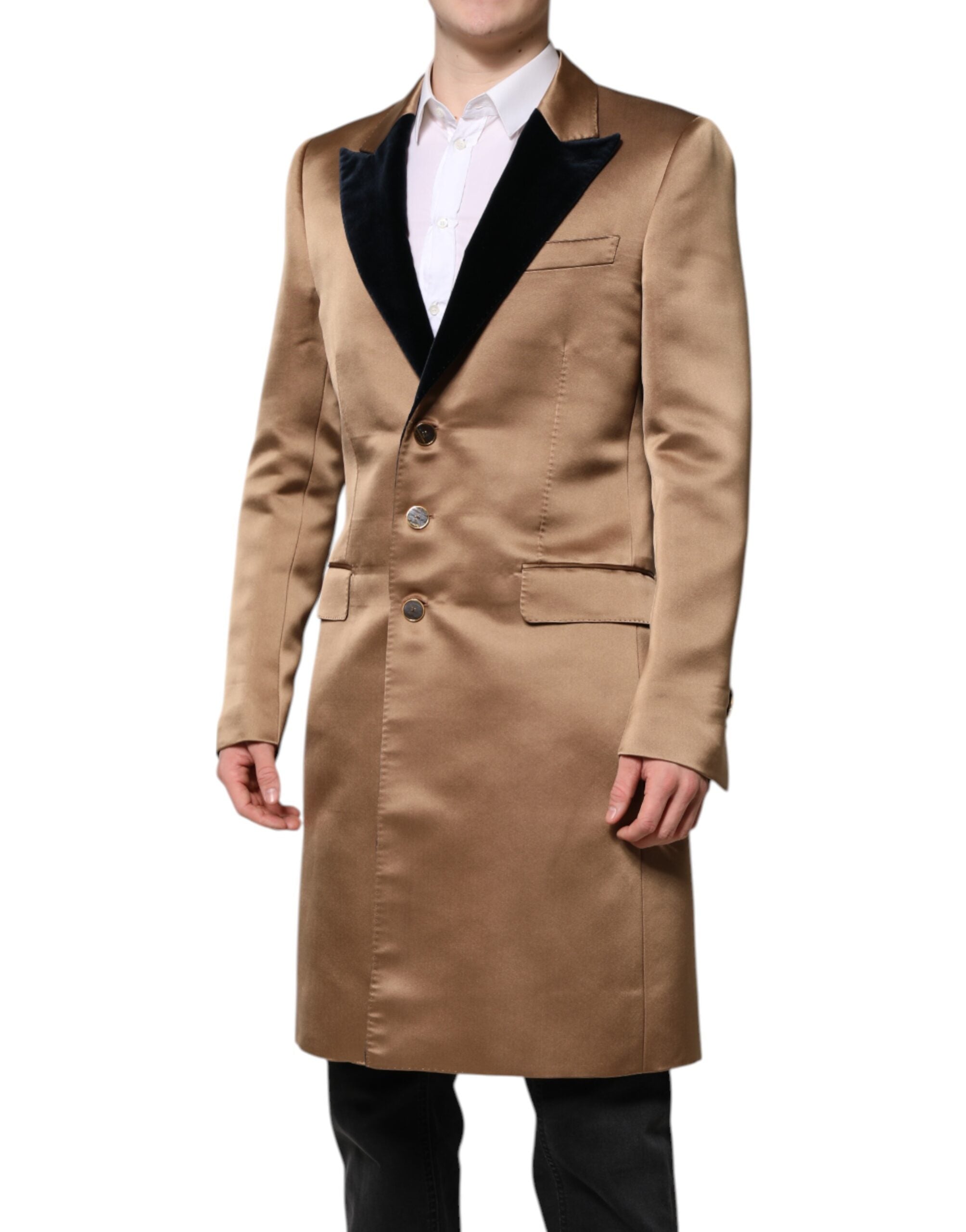 Manteau trench en soie marron Dolce & Gabbana, coupe simple, double boutonnage, style élégant et sophistiqué.