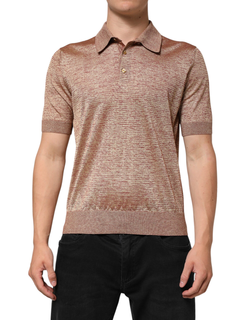 T-shirt polo en soie marron texturée de Dolce & Gabbana, manches courtes et coupe élégante.