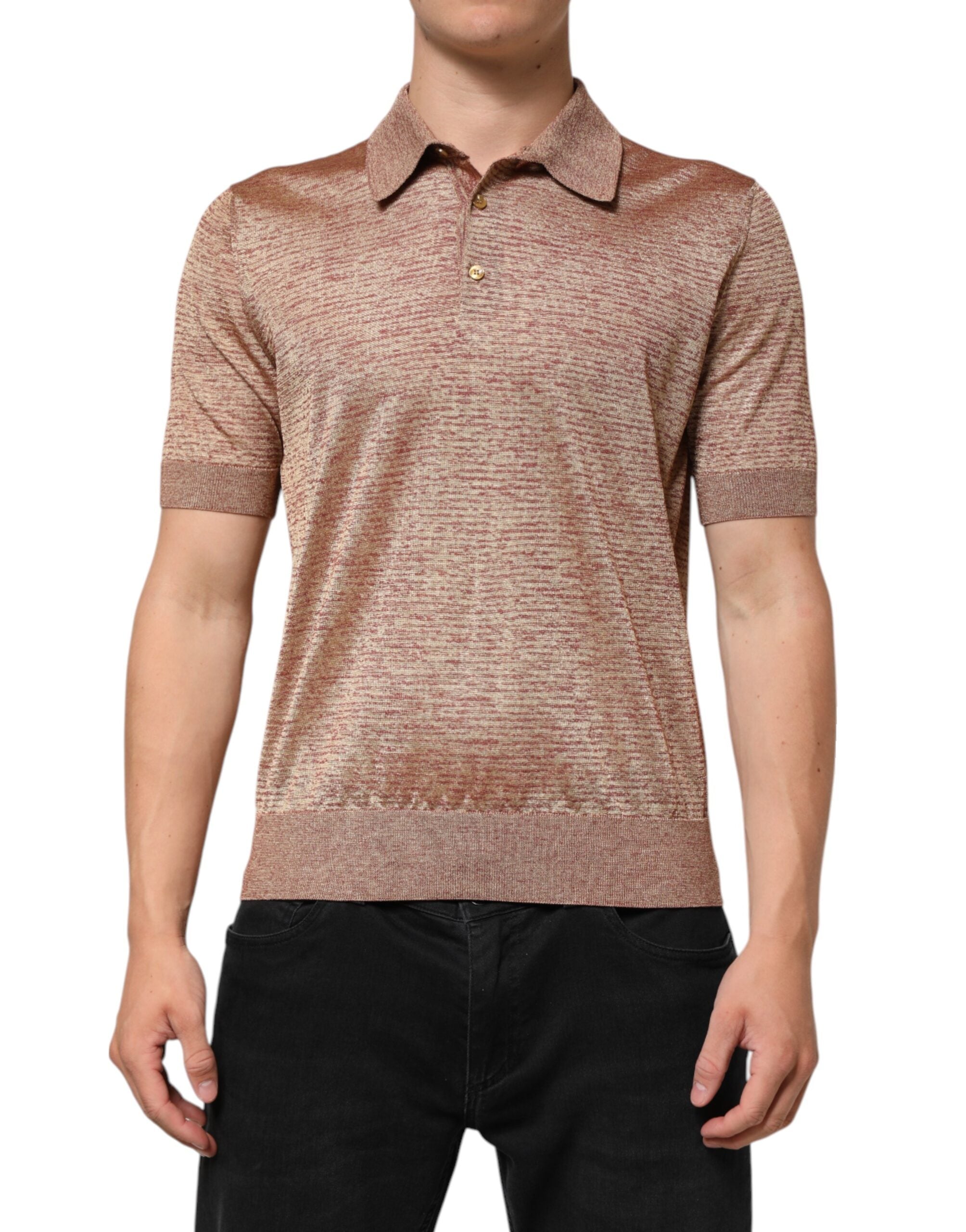 T-shirt polo en soie marron texturée de Dolce & Gabbana, manches courtes et coupe élégante.