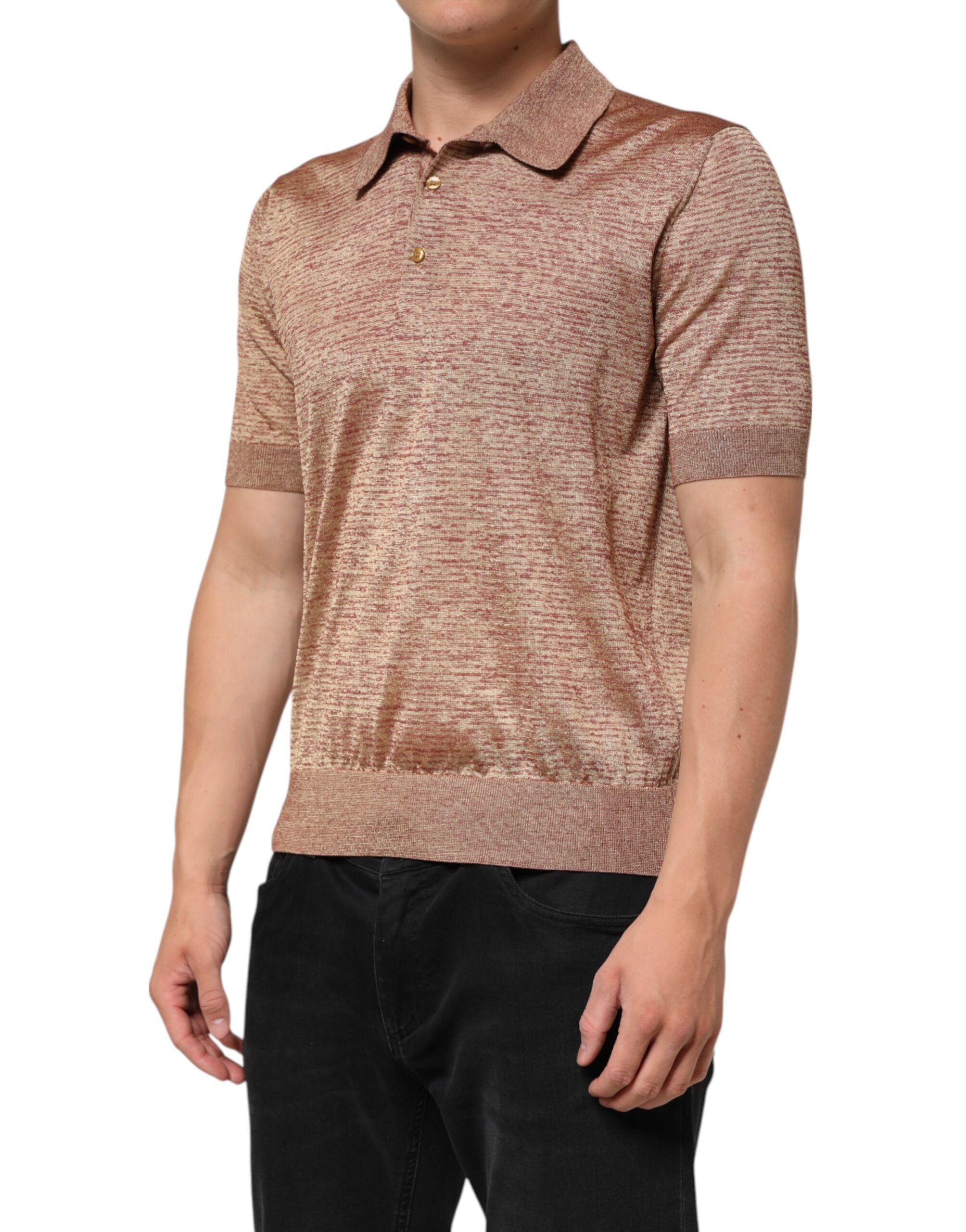 Polo Dolce & Gabbana en soie marron à texture courte à manches, style élégant et sophistiqué pour homme.