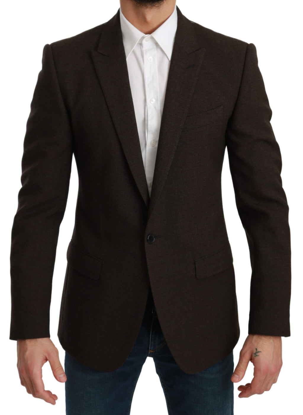 Veste blazer Dolce & Gabbana marron slim fit, élégant, avec col classique et détails sophistiqués, vue de face.