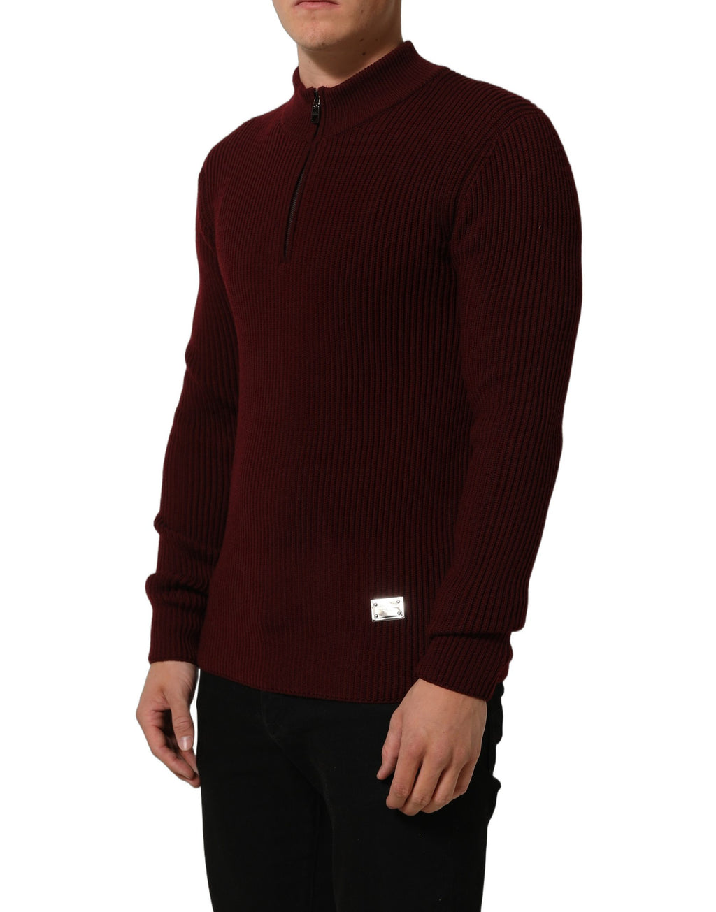Pull homme Dolce & Gabbana en laine bordeaux avec demi-zip, veste chaude et élégante pour homme.