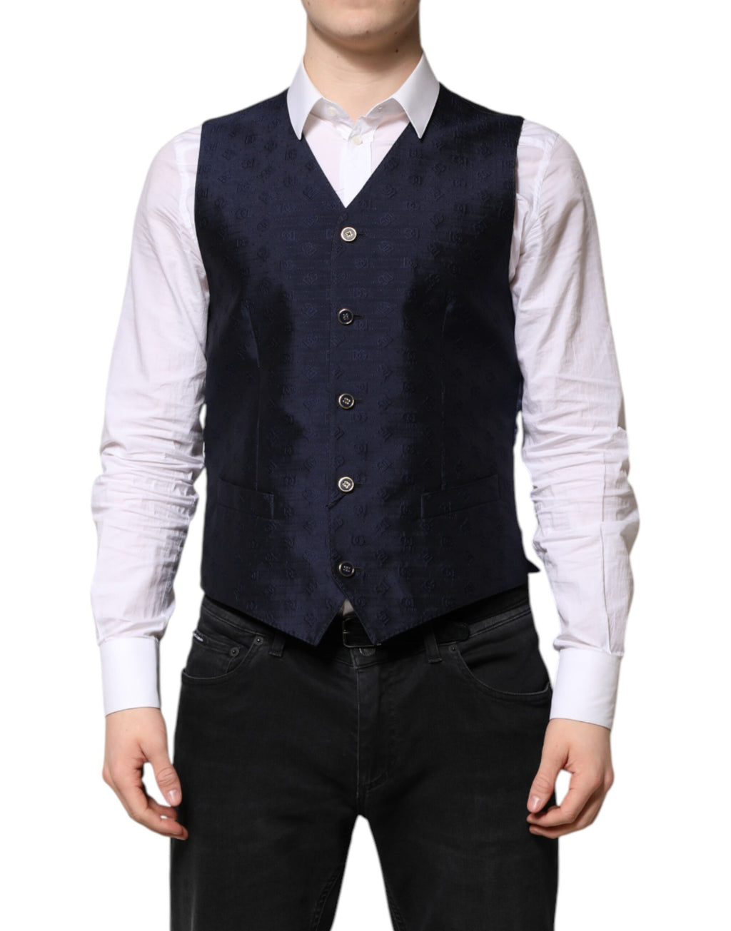 Gilet formel en laine bleu foncé avec logo Dolce & Gabbana pour homme, veste élégante et sophistiquée.