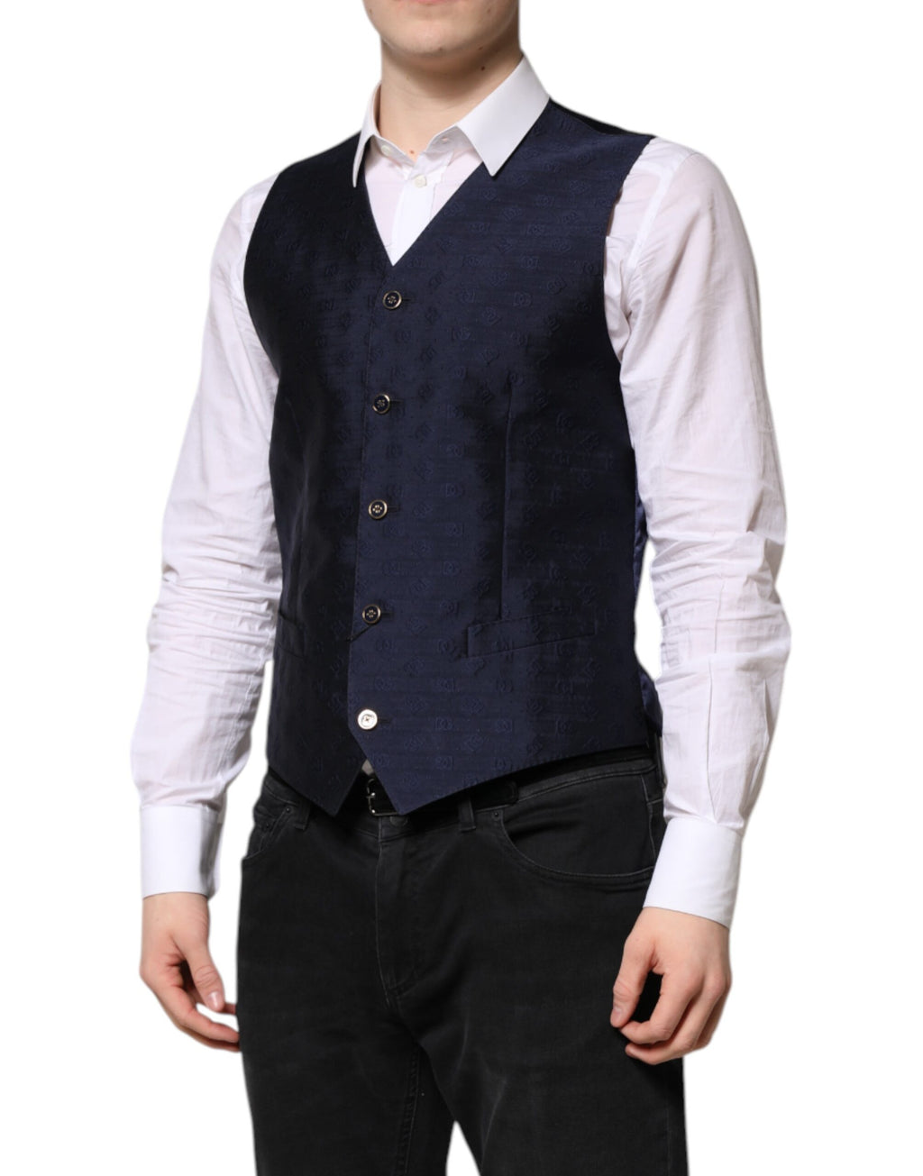 Gilet homme formel en laine bleu foncé avec logo Dolce & Gabbana, veste élégante à col en V et fermeture à boutons.