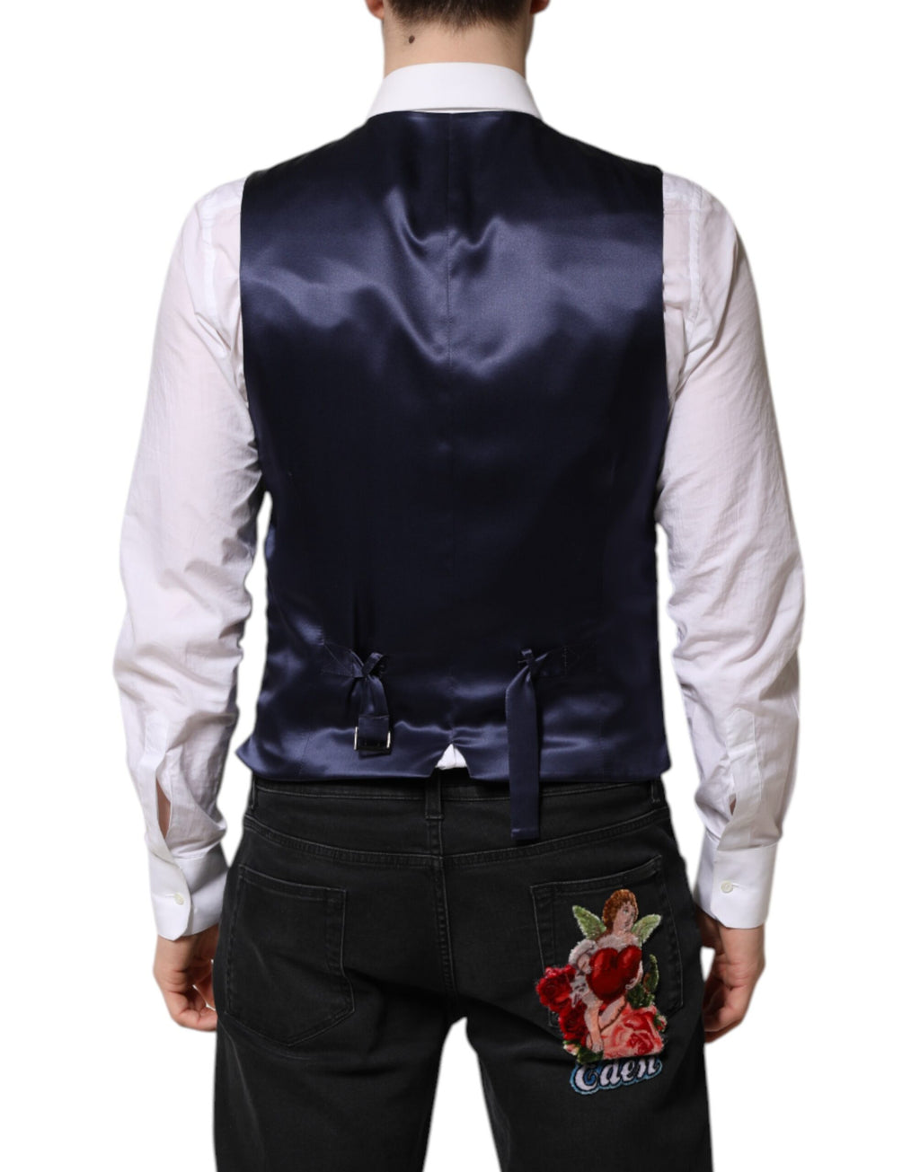 Gilet formel pour homme Dolce & Gabbana en laine bleu foncé avec logo, coupe élégante et détail sophistiqué.