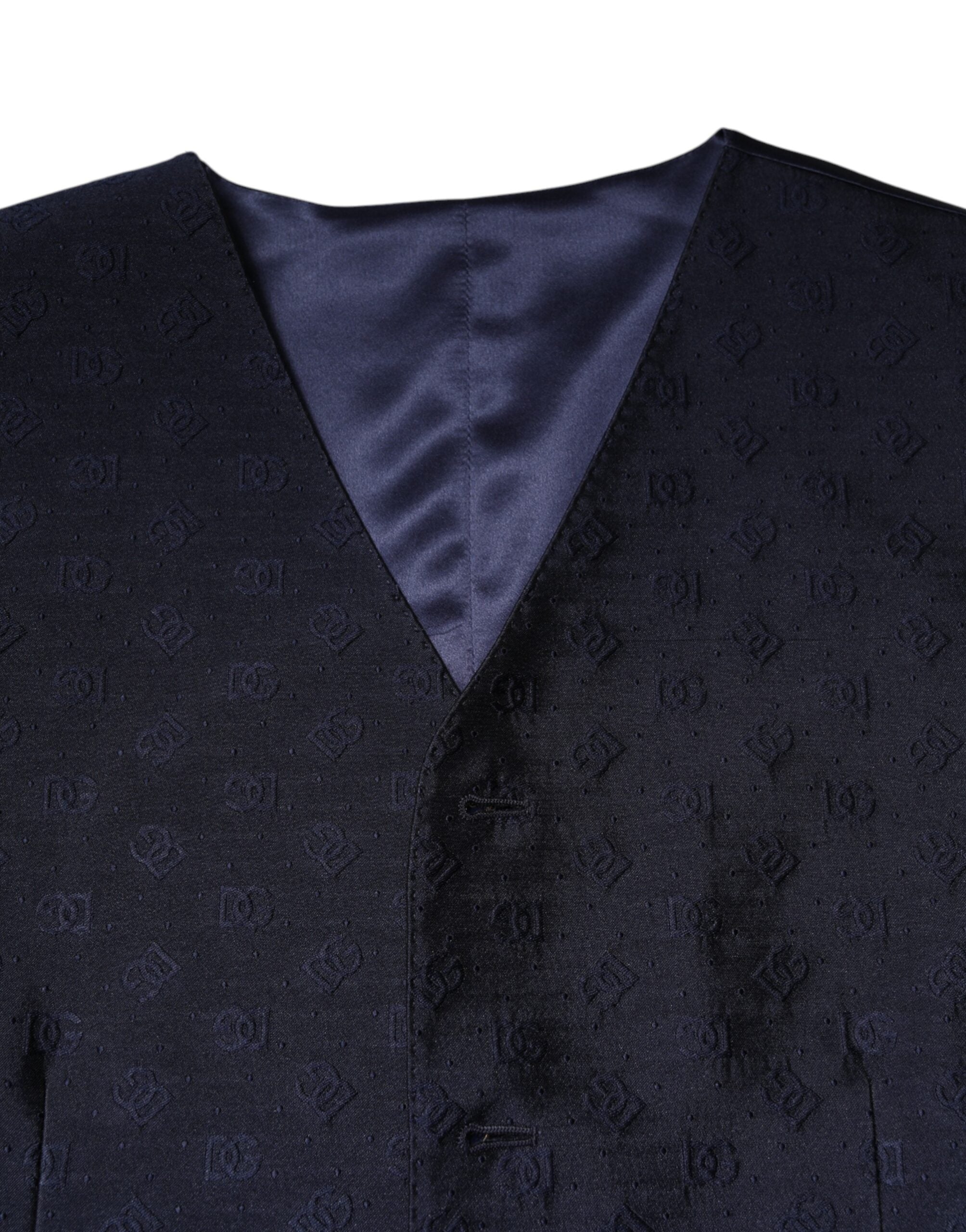 Gilet homme en laine bleu foncé avec logo Dolce & Gabbana, veste formelle élégante et ajustée.