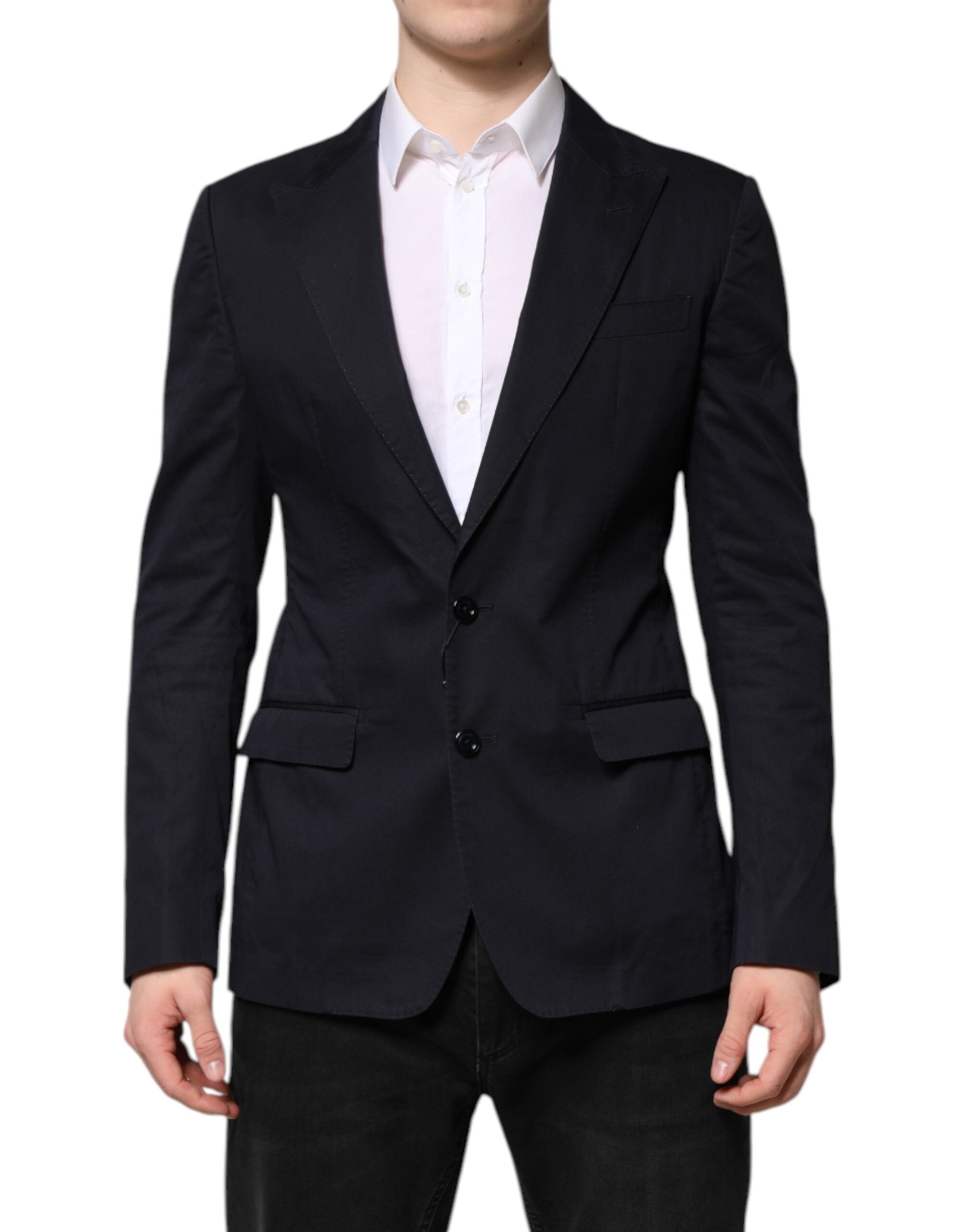 Veste blazer en coton bleu foncé Dolce & Gabbana Taormina, coupe élégante avec détails sophistiqués, portée sur un mannequin.