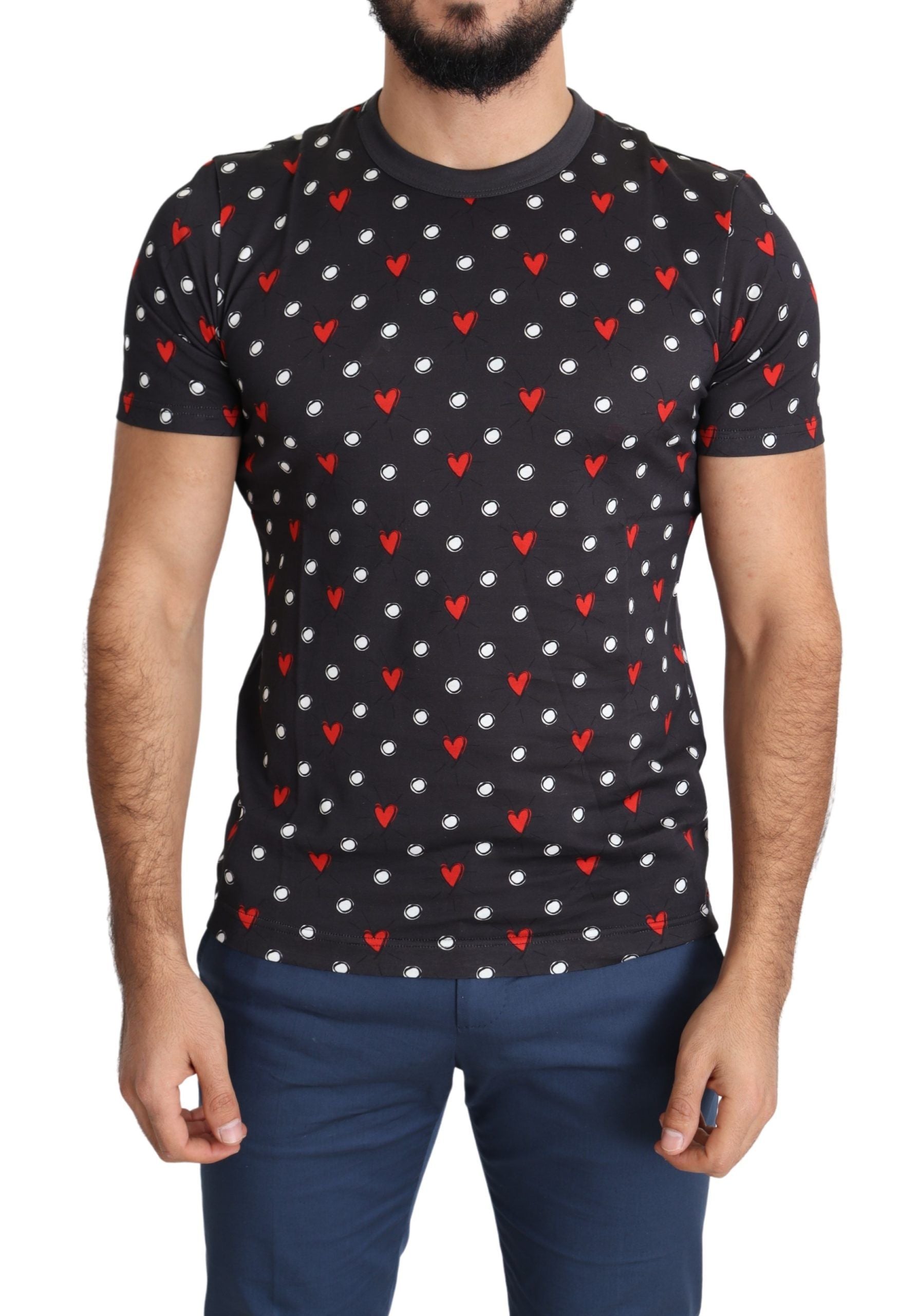T-shirt homme en coton gris foncé Dolce & Gabbana avec imprimé de cœurs noirs et gris.