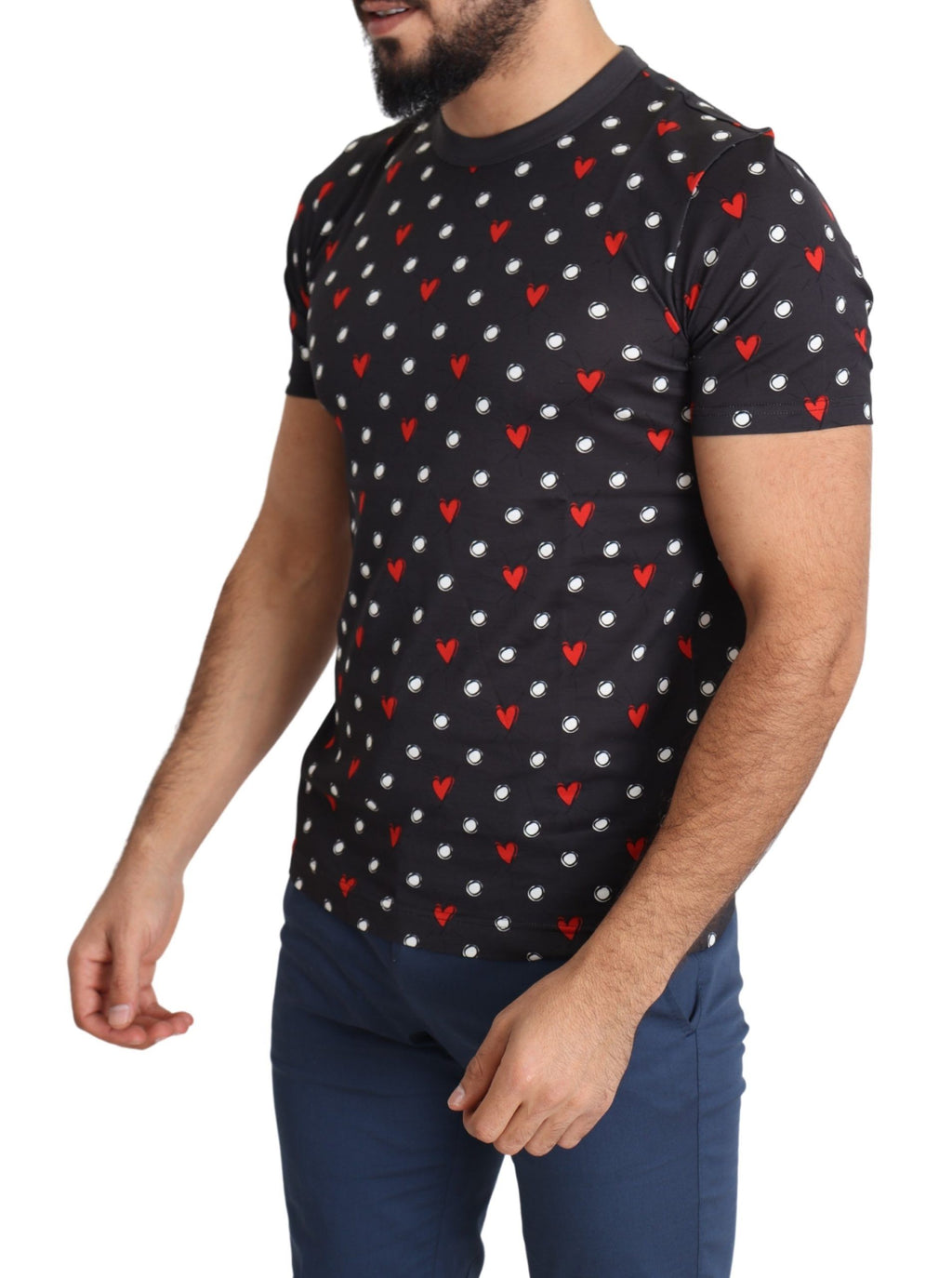 T-shirt homme en coton gris foncé avec imprimé de cœurs Dolce & Gabbana, style décontracté et tendance.