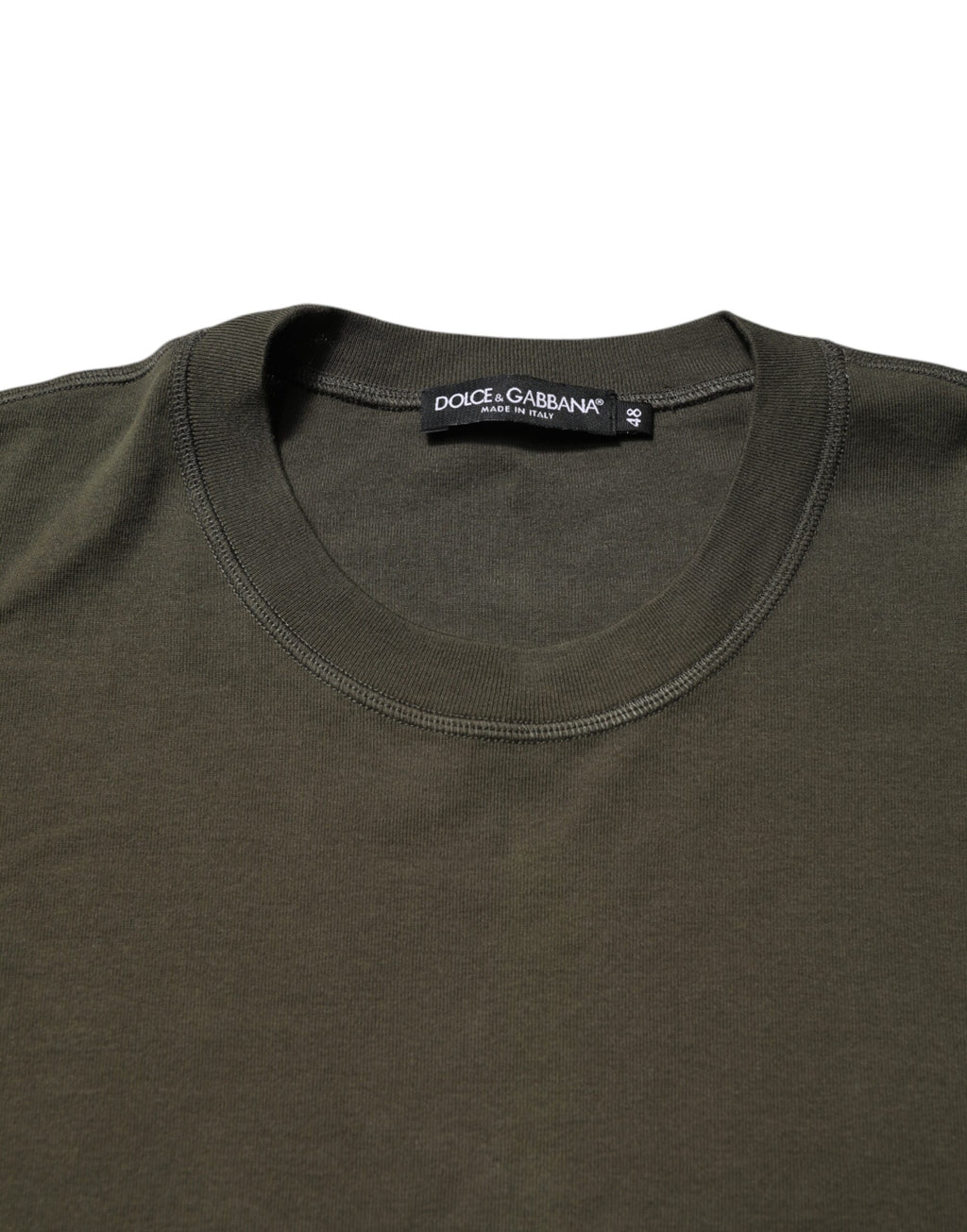 T-shirt à manches longues vert foncé Dolce & Gabbana avec col ras du cou, tissu en coton élégant visible sur l'image.
