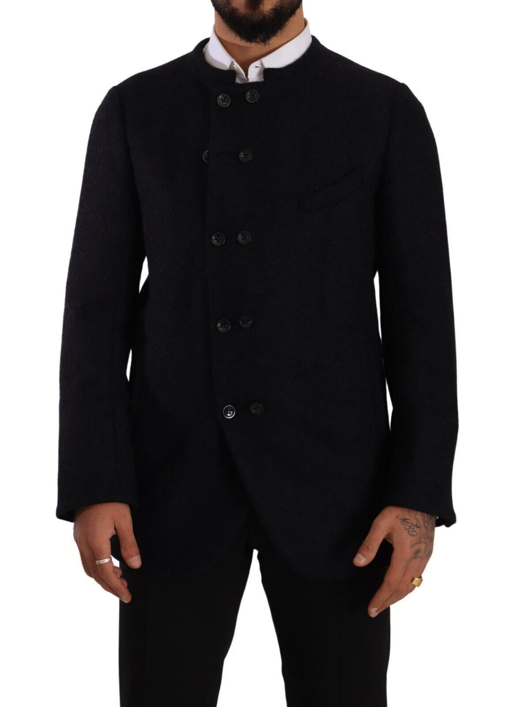 Manteau homme Dolce & Gabbana gris en alpaga avec boutons, veste élégante et chaude, vue de face.