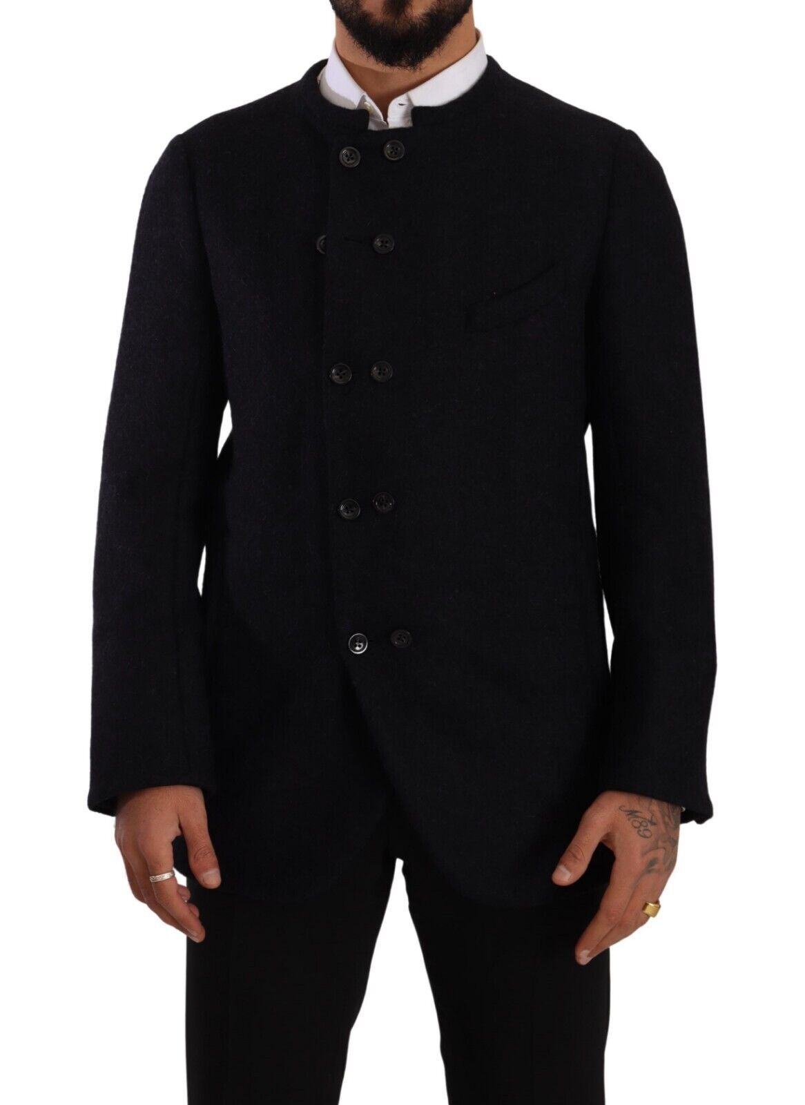 Manteau homme Dolce & Gabbana gris en alpaga avec boutons, veste élégante et chaude, vue de face.