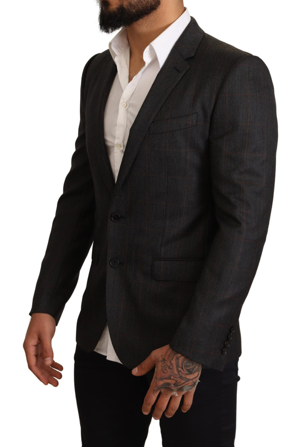 Veste blazer slim en laine à carreaux gris de Dolce & Gabbana, ajustée, avec col et boutons sophistiqués.
