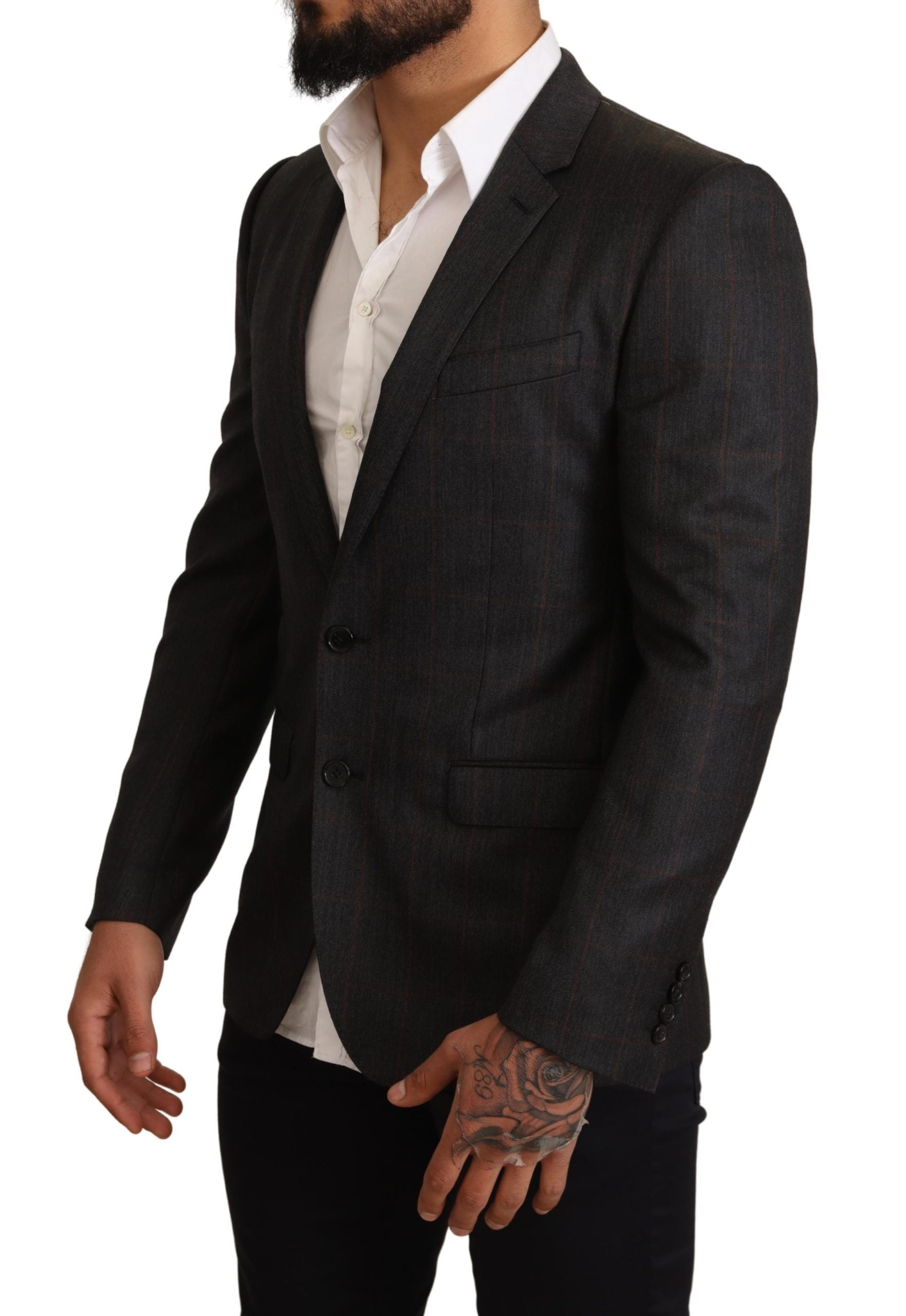 Veste blazer slim en laine à carreaux gris de Dolce & Gabbana, ajustée, avec col et boutons sophistiqués.