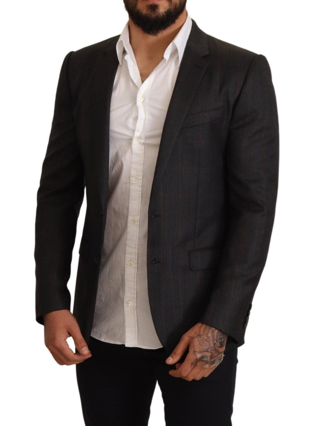Veste blazer en laine gris à carreaux de coupe slim de Dolce & Gabbana, style élégant et moderne.