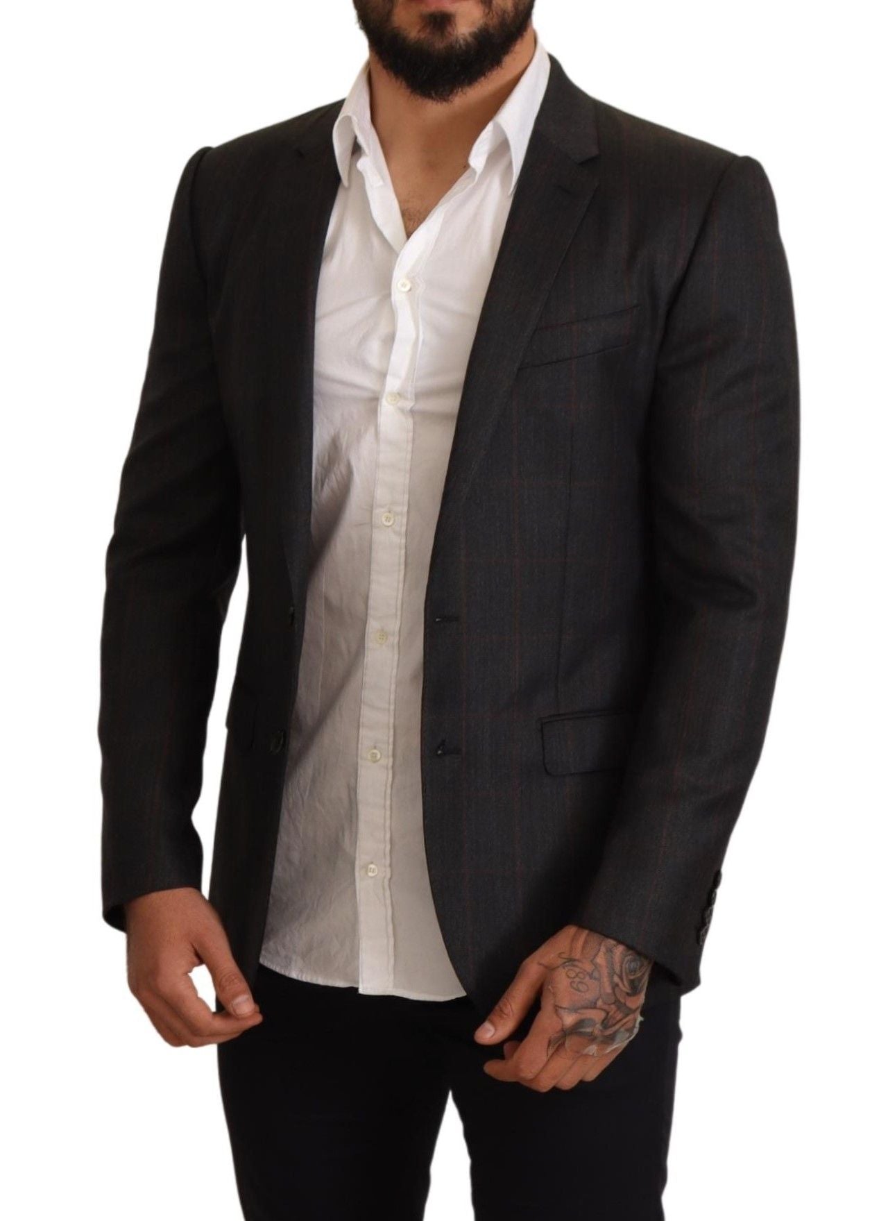 Veste blazer en laine gris à carreaux de coupe slim de Dolce & Gabbana, style élégant et moderne.