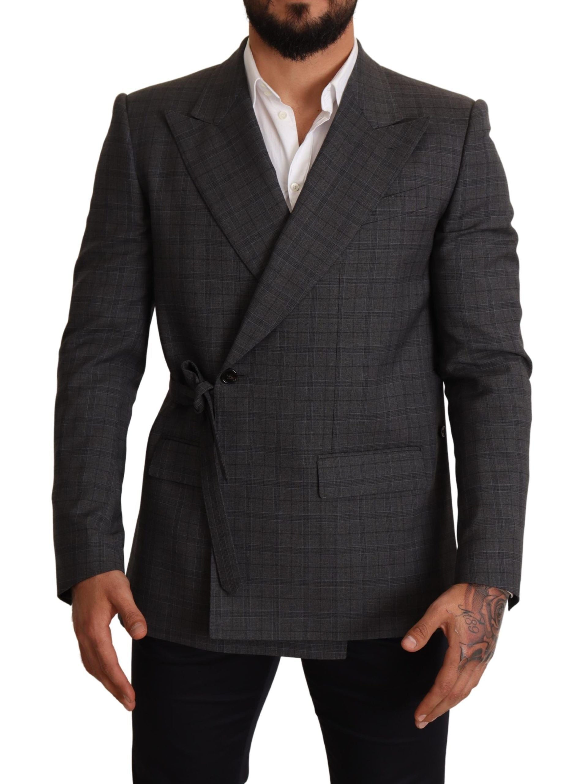 Blazer slim fit en laine à carreaux gris de Dolce & Gabbana, veste élégante pour homme.