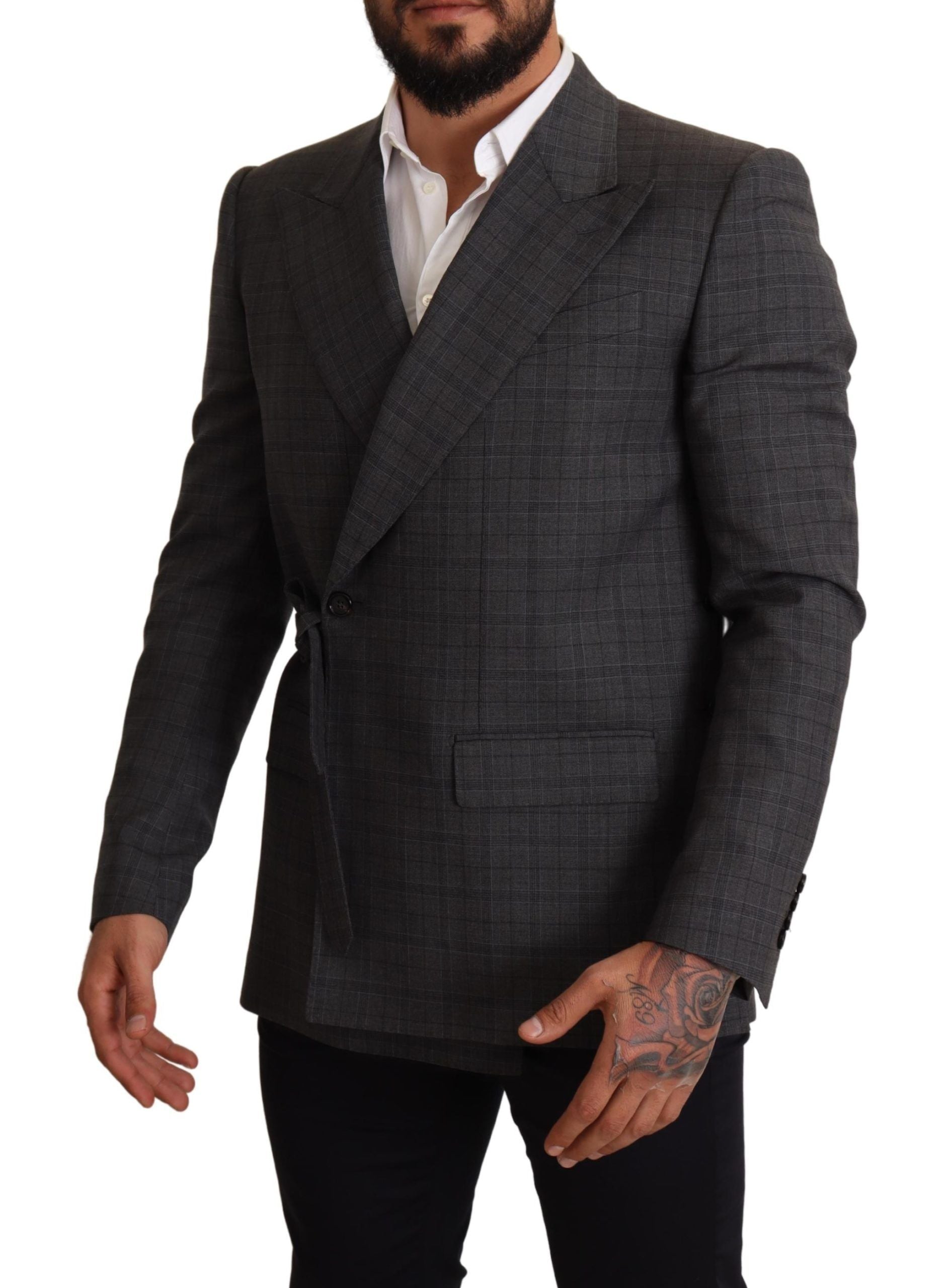 Veste blazer slim en laine à carreaux gris de Dolce & Gabbana, coupe ajustée et élégante.
