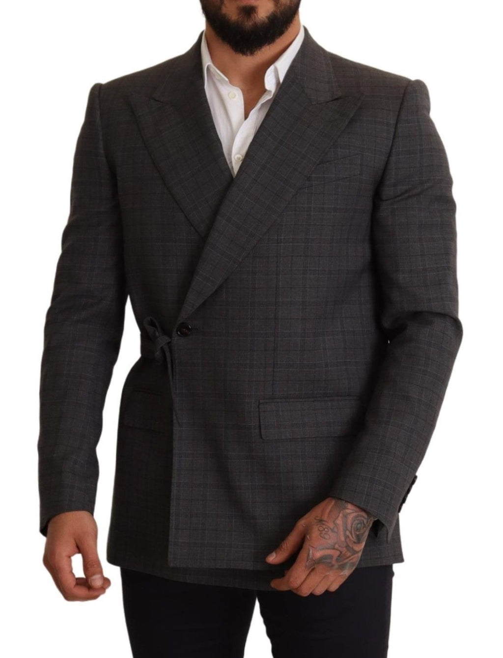 Veste blazer en laine gris à carreaux Dolce & Gabbana, coupe ajustée, élégante et sophistiquée pour homme.