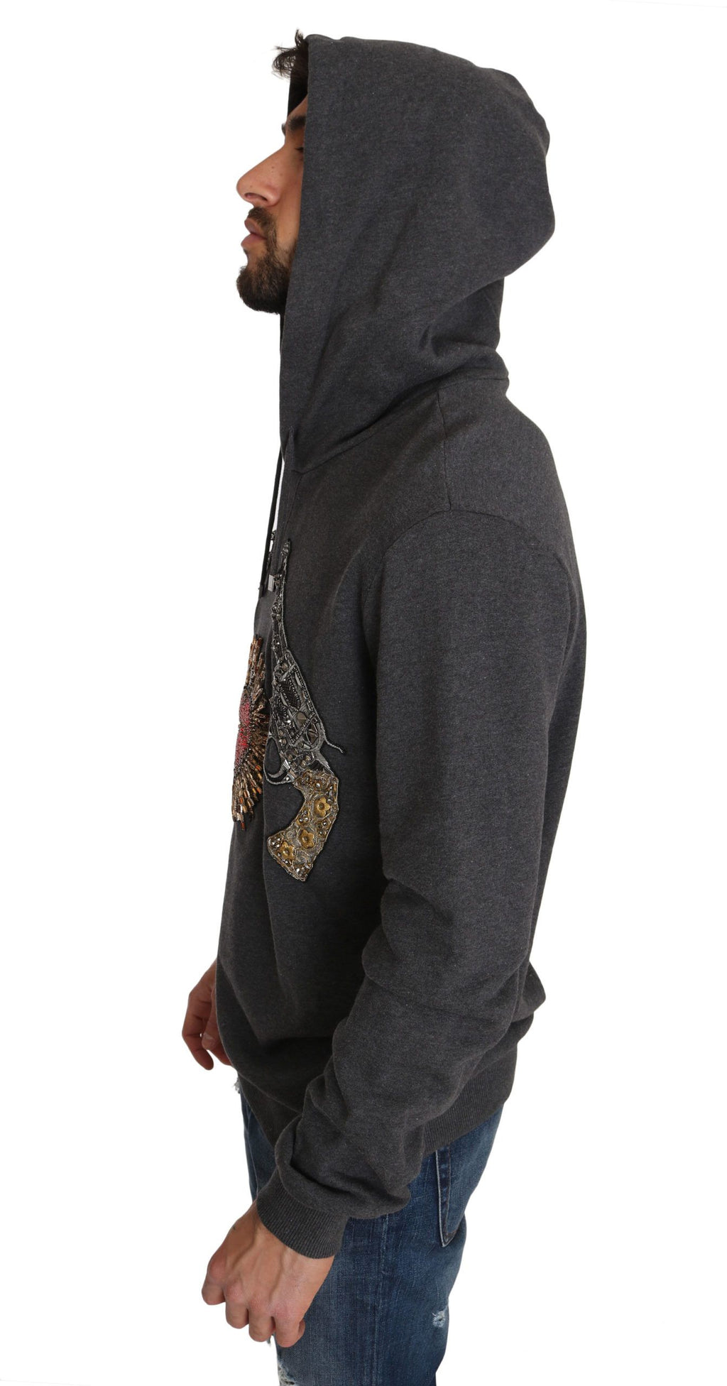 Pull à capuche gris Dolce & Gabbana avec cœur en cristal rouge et motif pistolet, style élégant et tendance.
