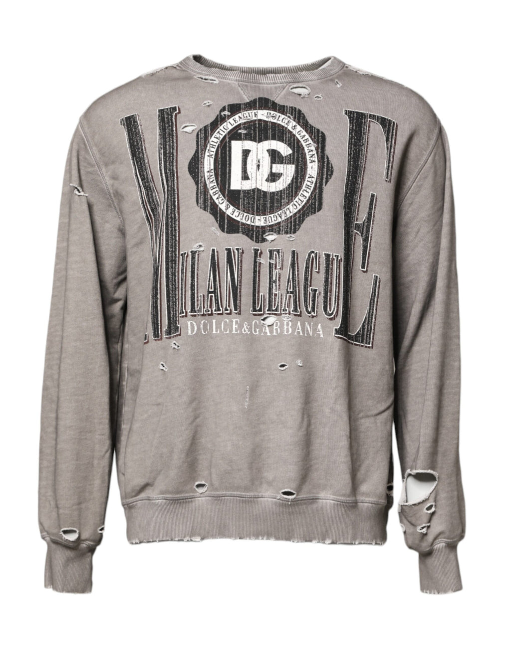 Pull à col rond Dolce & Gabbana gris avec logo imprimé, douceur en laine, vue de face avec détails du motif.