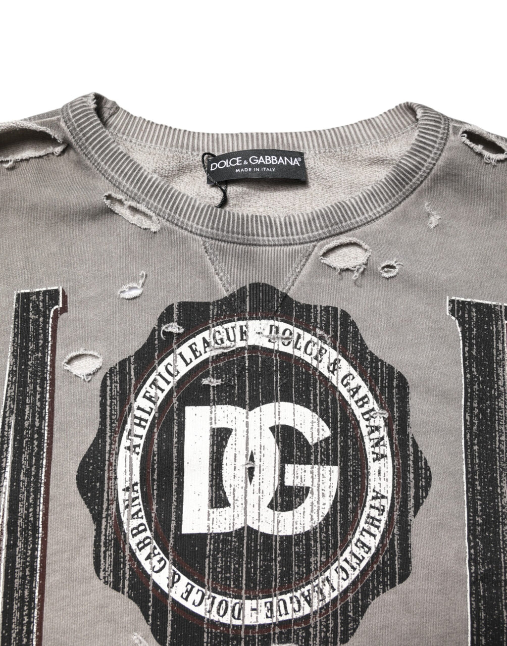 Pull à col rond gris Dolce & Gabbana avec logo imprimé, sweat-shirt en maille confortable et élégant.