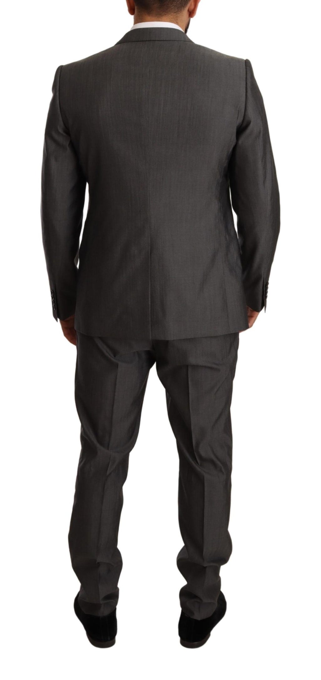 Costume slim fit gris métallisé Dolce & Gabbana Martini avec veste et pantalon, élégant et moderne.
