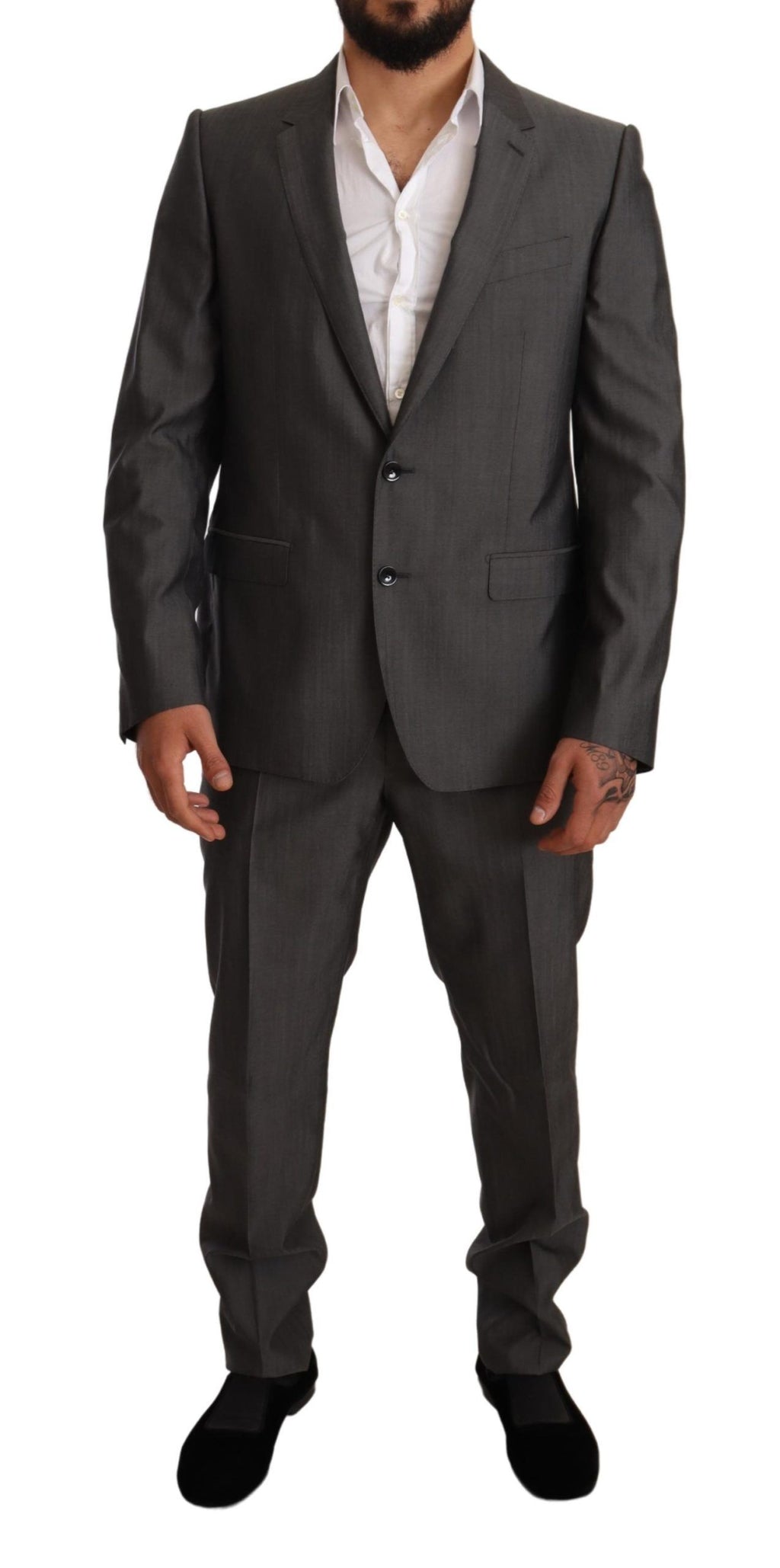 Costume slim fit gris métallisé Dolce & Gabbana Martini, veste et pantalon élégants pour homme.