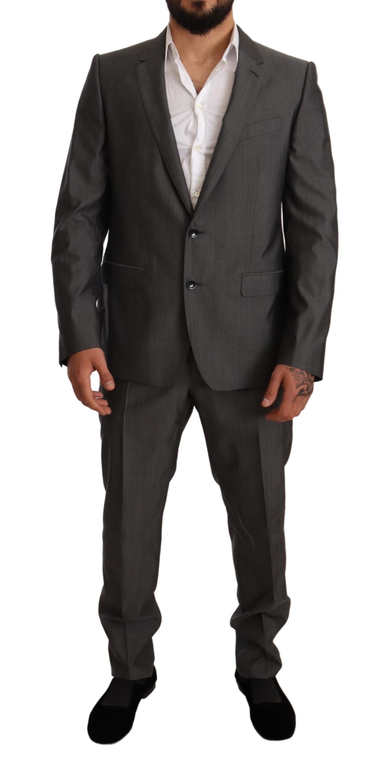Costume slim fit gris métallisé Dolce & Gabbana Martini, veste et pantalon élégants pour homme.