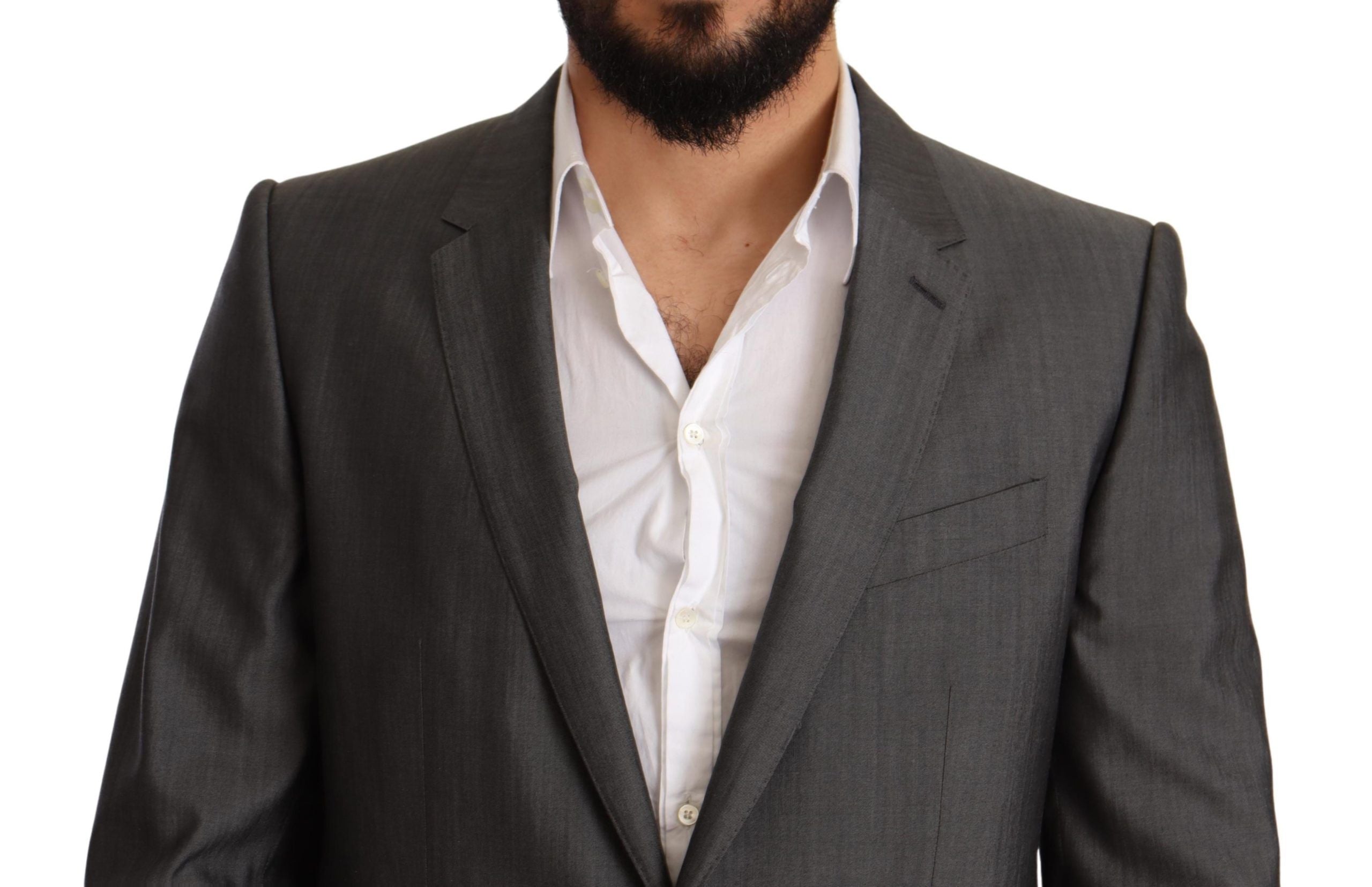 Costume slim fit gris métallisé Dolce & Gabbana Martini, veste et pantalon élégants pour homme.