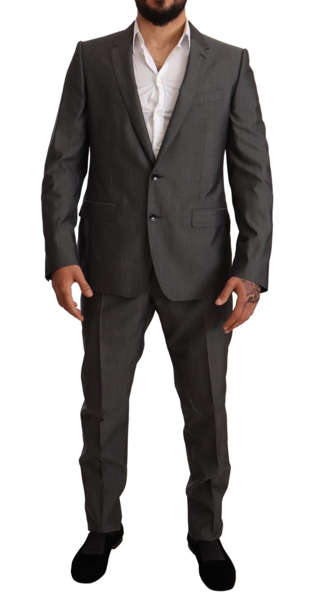 Costume gris métallisé Dolce & Gabbana Martini Slim Fit avec veste et pantalon, tissu élégant et coupe ajustée.