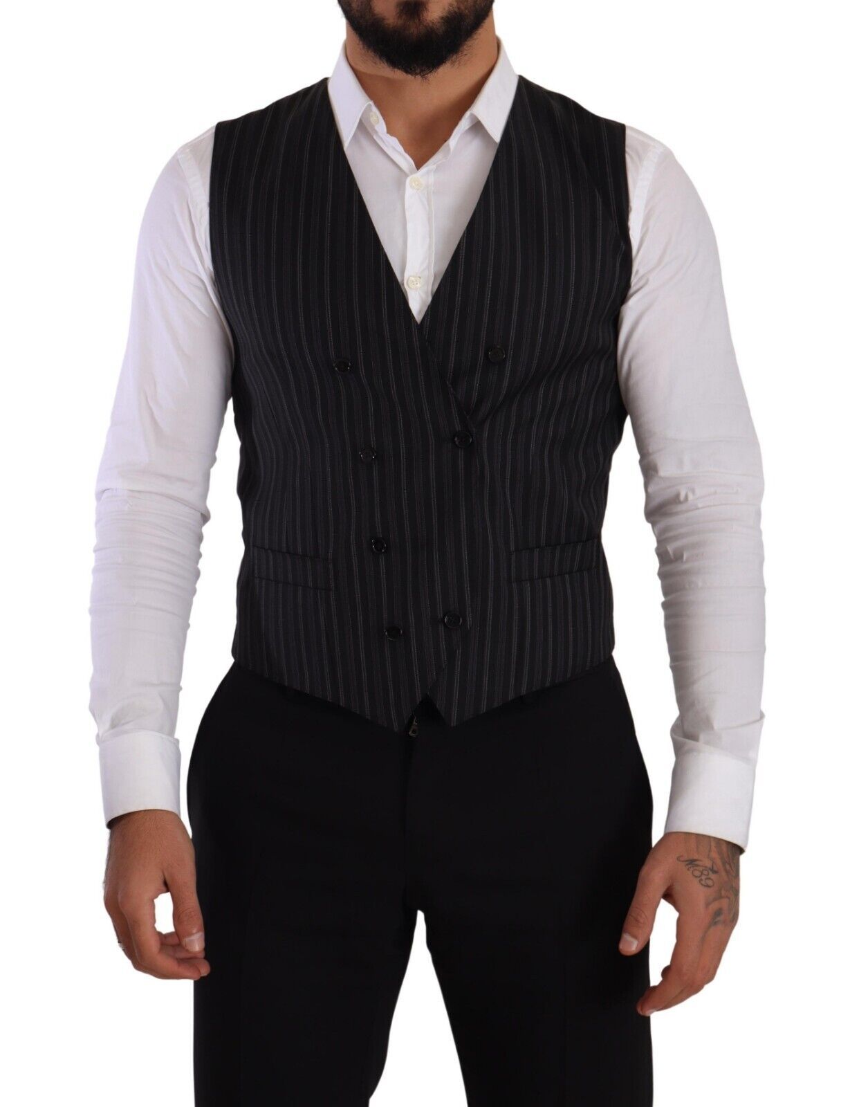 Gilet gris à rayures à double boutonnage Dolce & Gabbana, veste élégante pour homme avec détails sophistiqués.