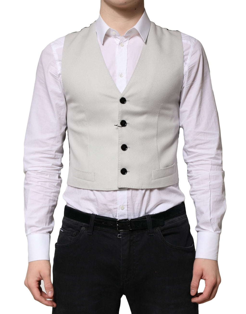 Gillet en laine gris de Dolce & Gabbana pour homme, vêtement formel, détail du design élégant, fermeture à boutons.