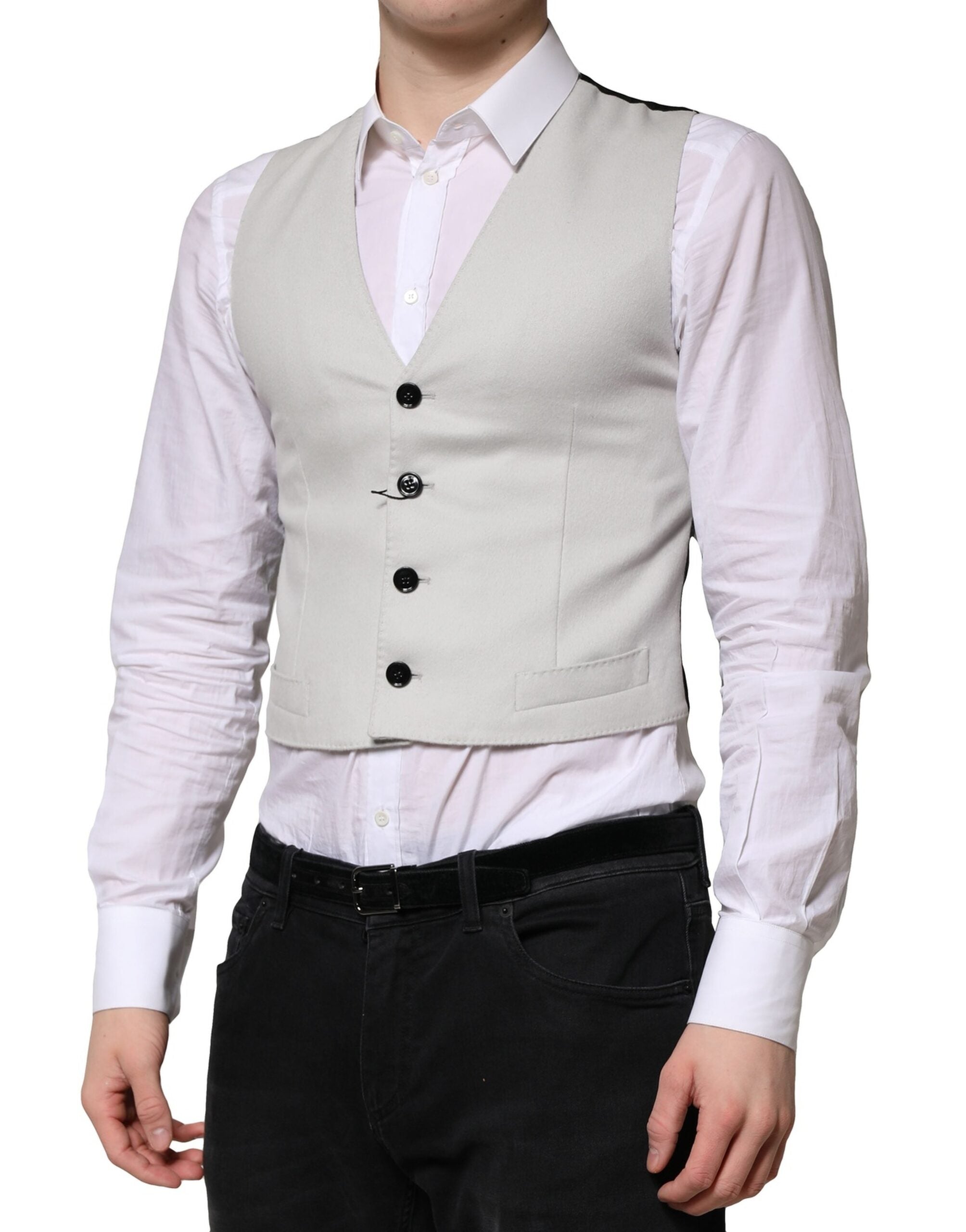 Gilet homme en laine grise de luxe Dolce & Gabbana, costume formel élégant avec coupe ajustée.