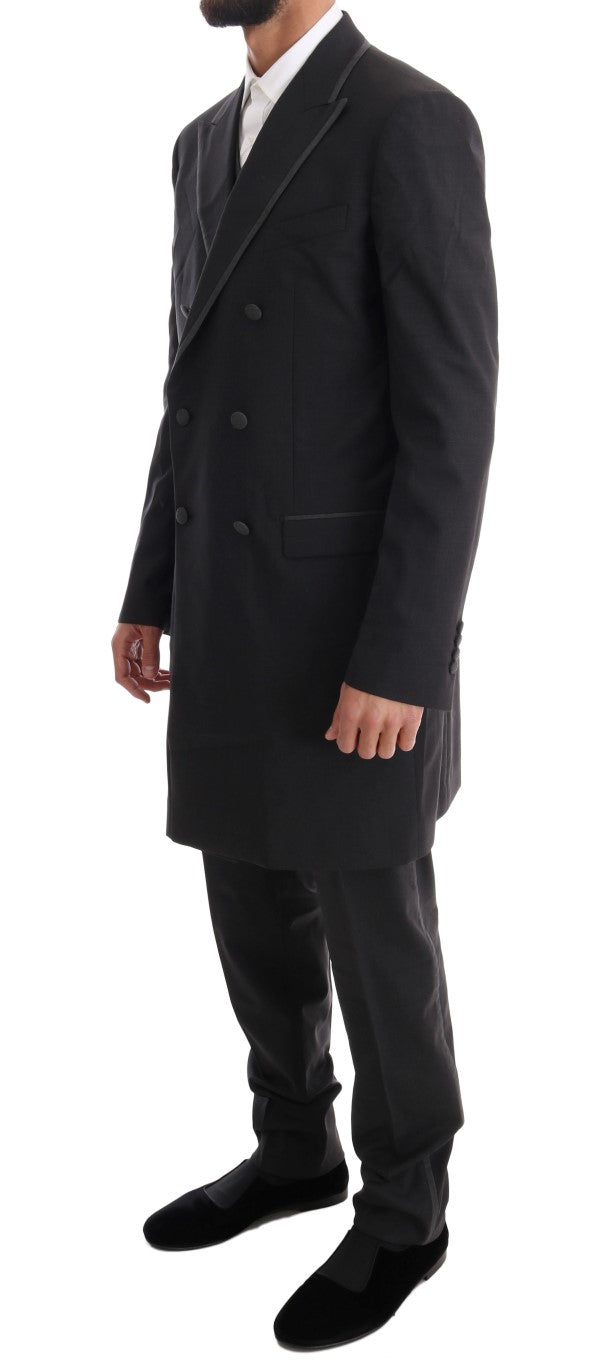 Costume gris en laine extensible Dolce & Gabbana, costume trois pièces avec deux boutons, élégant et moderne, vue de l'ensemble.