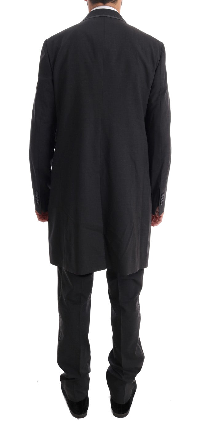 Costume gris en laine extensible Dolce & Gabbana à deux boutons, comprenant veste, pantalon et gilet, pour homme élégant.