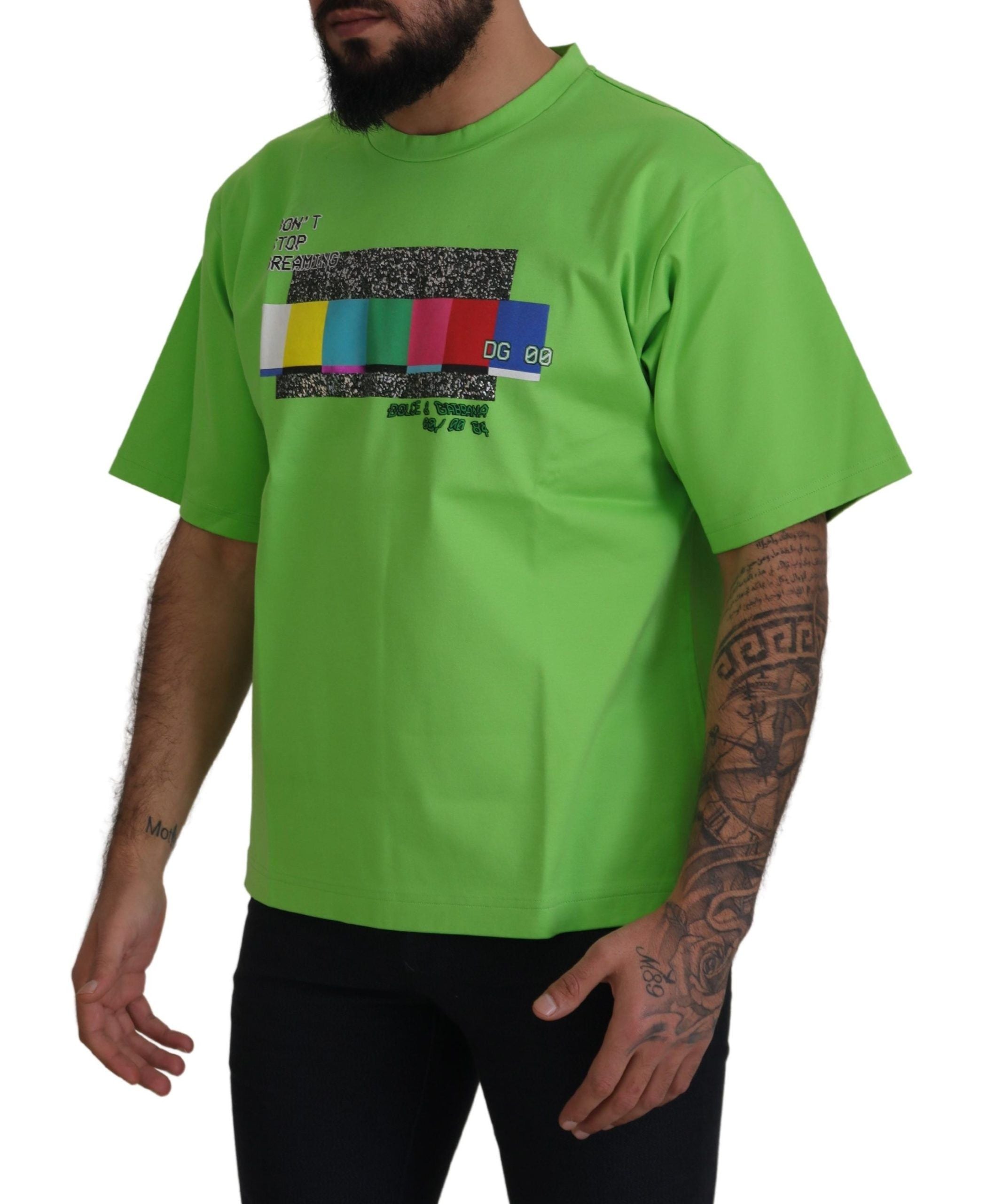 T-shirt vert en coton Dolce & Gabbana DG CHANNEL avec logo imprimé, vue de face.