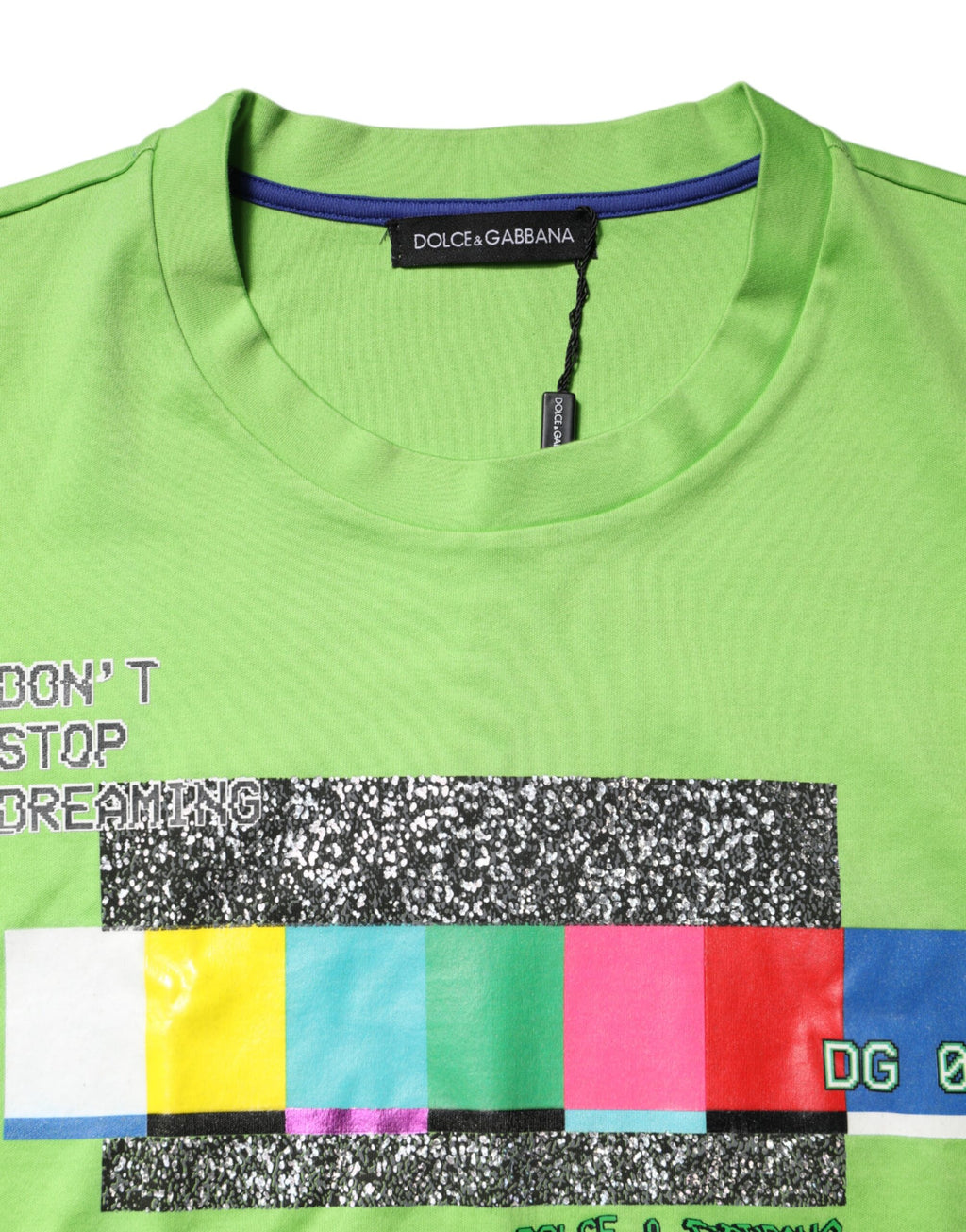 T-shirt rond à col ras du cou Dolce & Gabbana avec impression graphique verte, design élégant et moderne.
