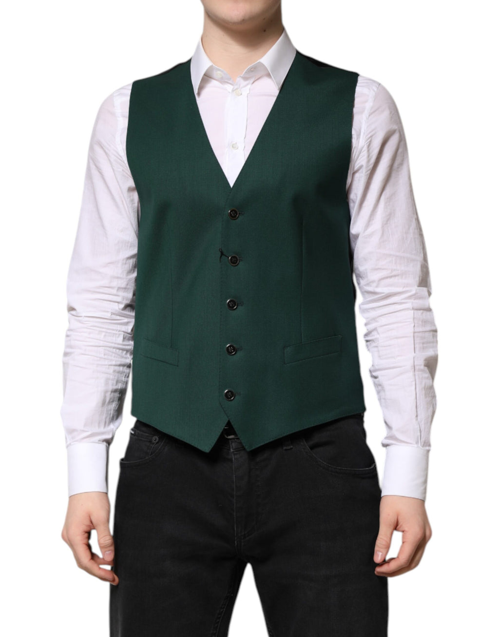 Gilet homme Dolce & Gabbana en laine verte pour occasion formelle, ajusté et élégant, avec détails sophistiqués.