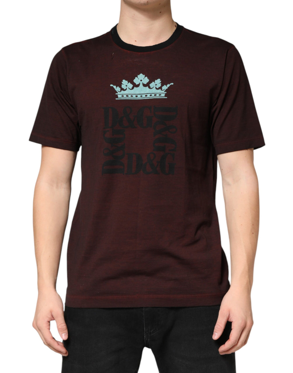 T-shirt homme Dolce & Gabbana en coton marron avec motif couronne DG, col ras du cou, vue de face.