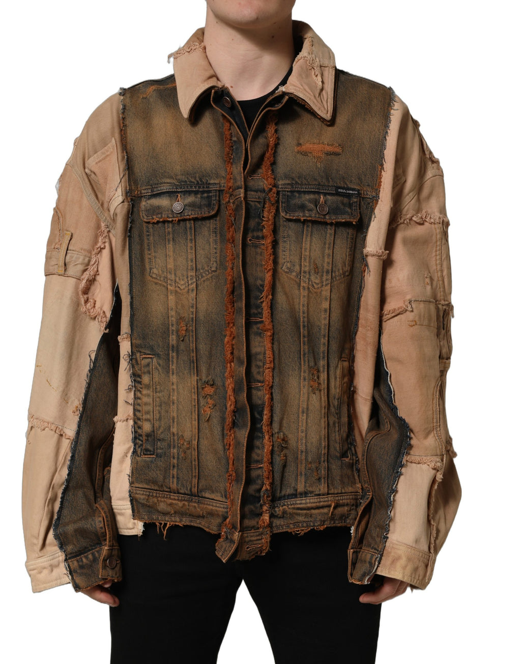 Veste en jean pour homme Dolce & Gabbana à panneaux multicolores, coupe brute et détails raw cut, style décontracté et tendance.