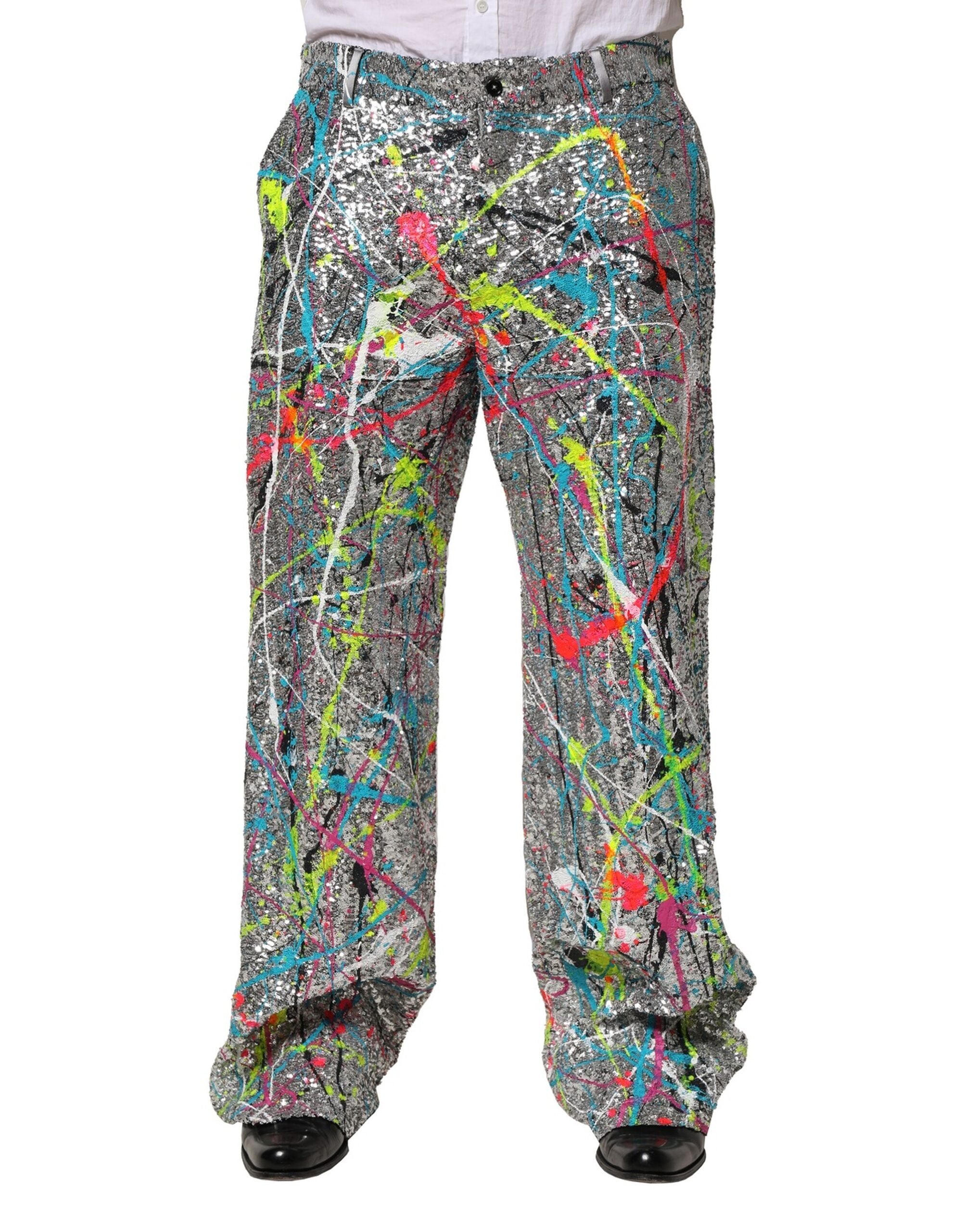 Pantalon Dolce & Gabbana à sequins multicolores et embellissements, mode élégante avec détails brillants.
