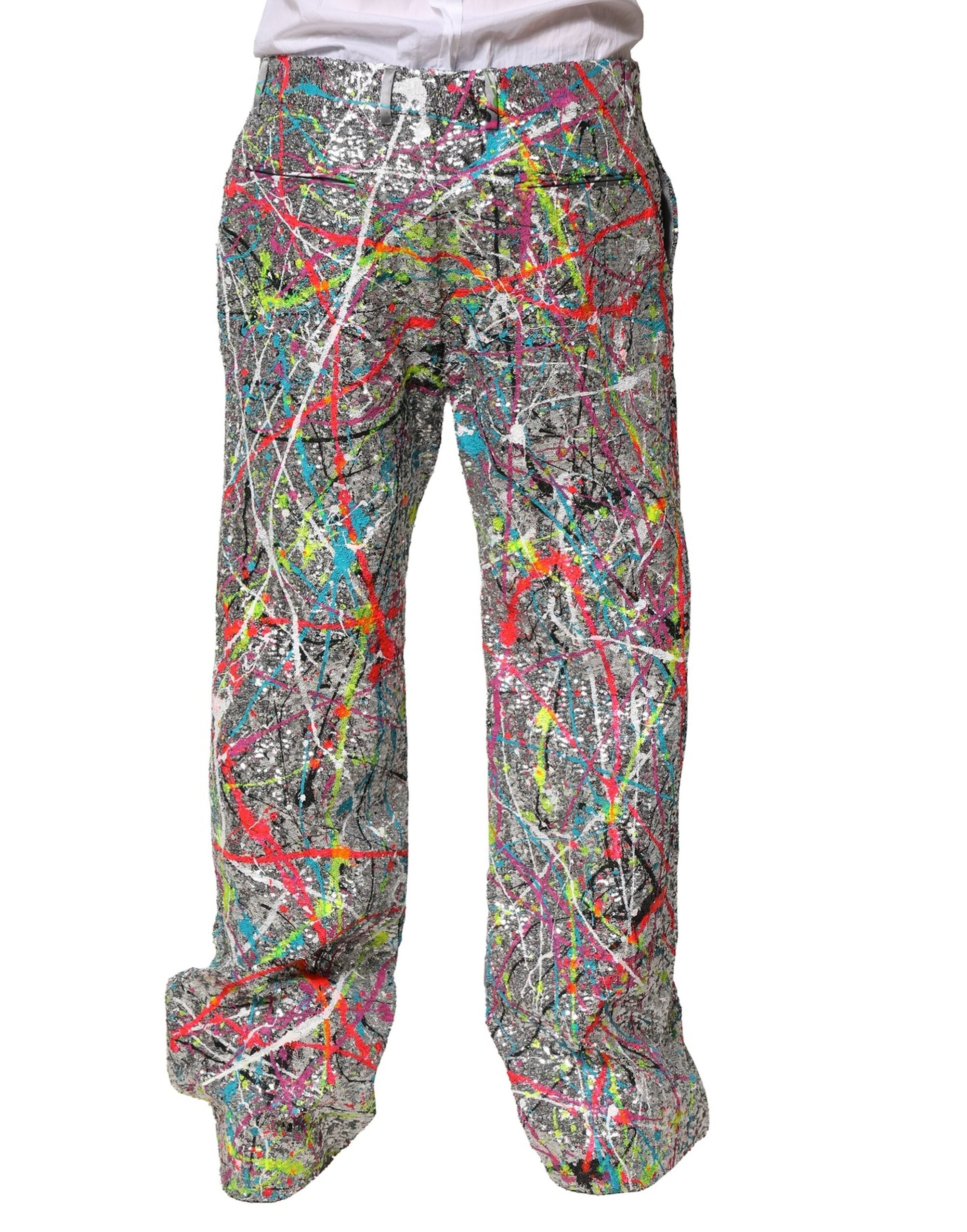 Pantalons Dolce & Gabbana à sequins multicolores et embellissements, style élégant et sophistiqué.