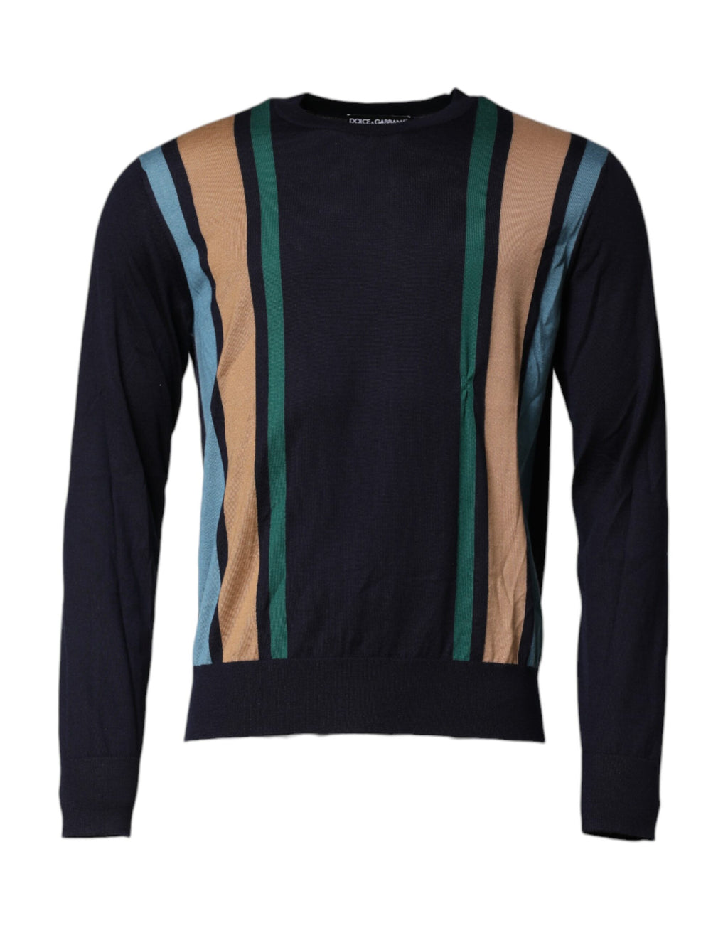 Pull en laine Dolce & Gabbana à rayures multicolores avec col ras du cou, style élégant et coloré.