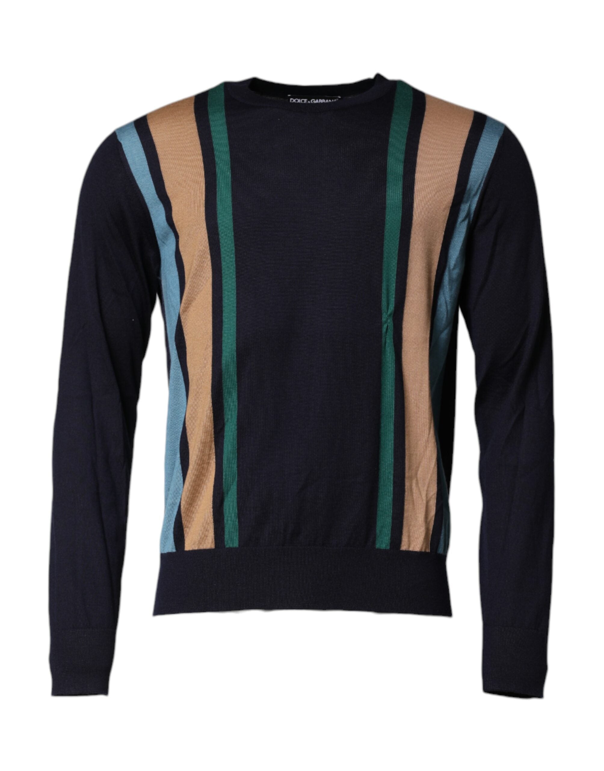 Pull en laine Dolce & Gabbana à rayures multicolores avec col ras du cou, style élégant et coloré.