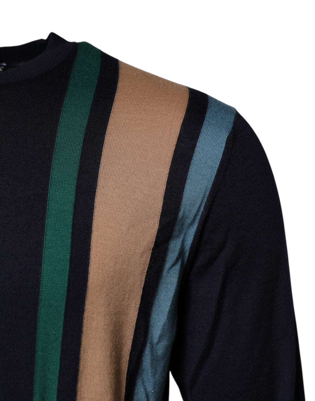 Pull à col rond Dolce & Gabbana à rayures multicolores, doux et confortable, porté sur un mannequin.