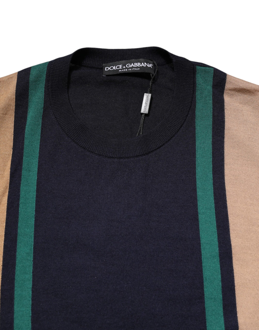 Pull à manches longues Dolce & Gabbana à rayures multicolores, col ras du cou, style décontracté et élégant.