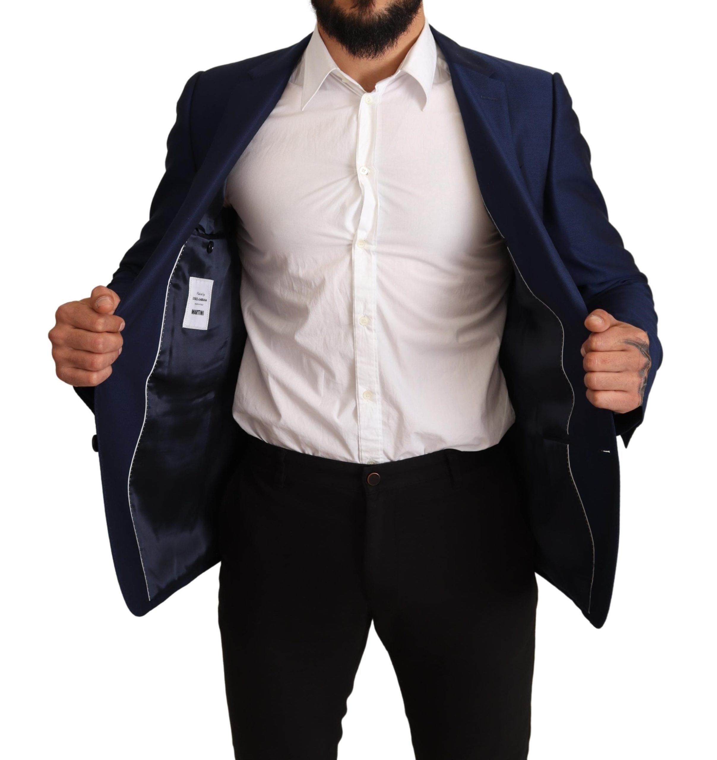 Veste slim fit bleue marine Dolce & Gabbana Martini blazer avec col et poches élégants, vue de face.