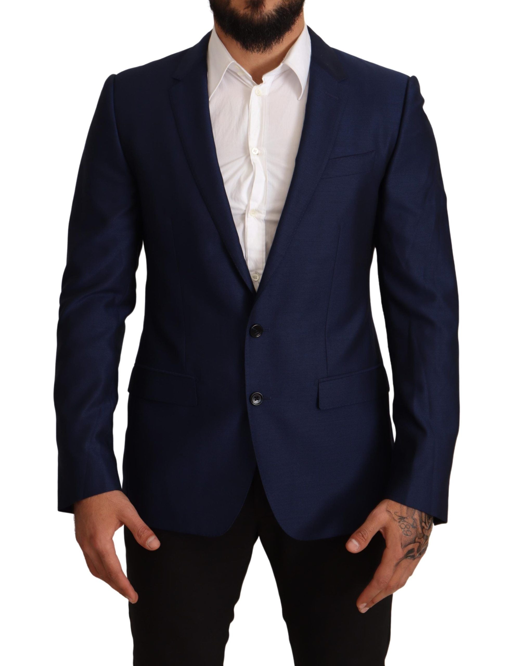 Veste blazer slim bleu marine Dolce & Gabbana Martini, tissu élégant, coupe ajustée avec col et boutons sophistiqués.