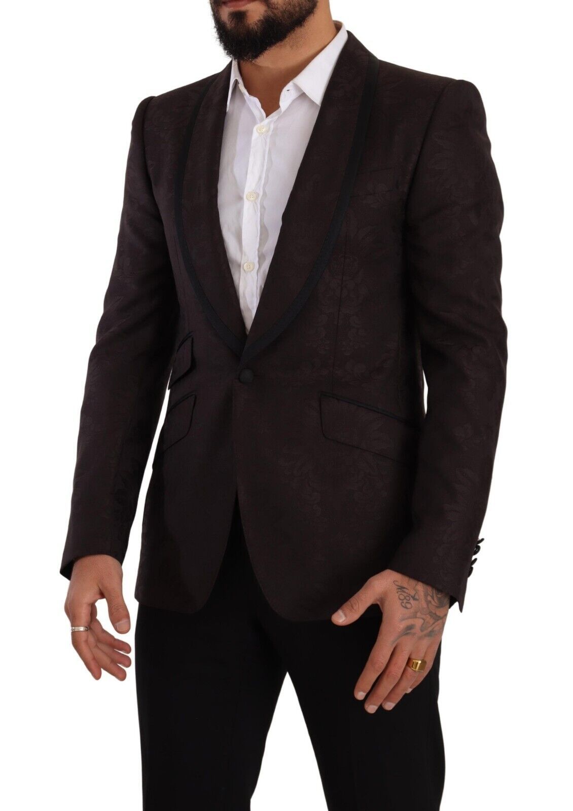 Blazer Dolce & Gabbana en jacquard violet à un bouton, coupe croisée, élégance classique et détails sophistiqués.